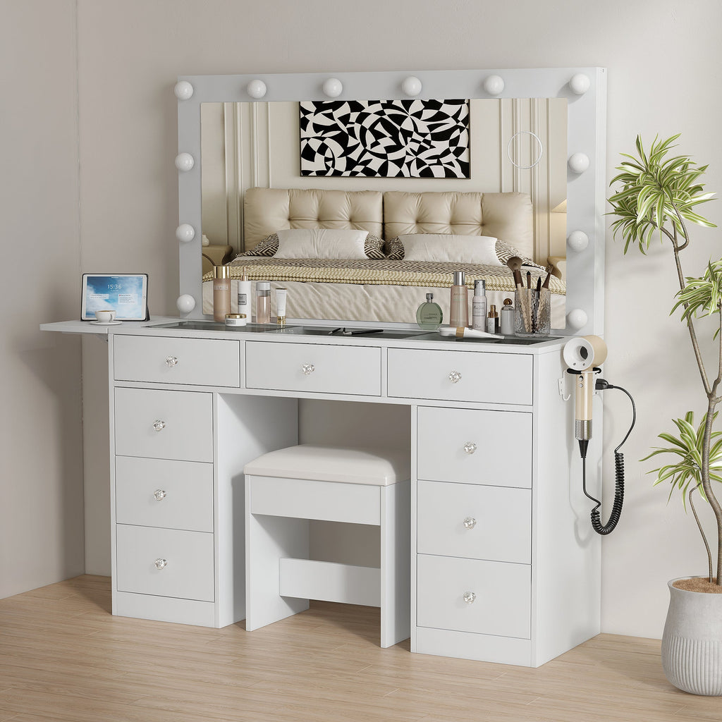 Yanosaku Modern White Makeup Vanity Set Table with Stool & LED Mirror 9 Drawers Luxury - Yanosaku SotreFurniture