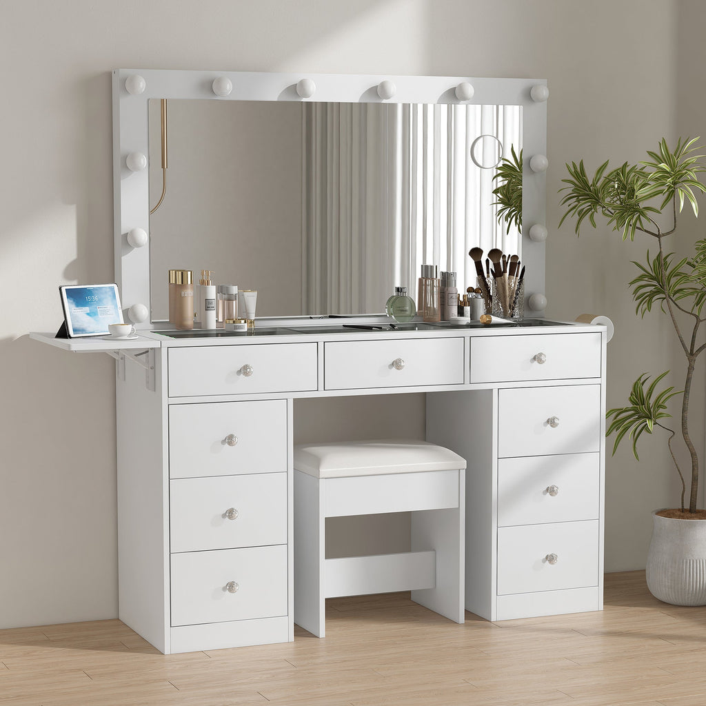 Yanosaku Modern White Makeup Vanity Set Table with Stool & LED Mirror 9 Drawers Luxury - Yanosaku SotreFurniture