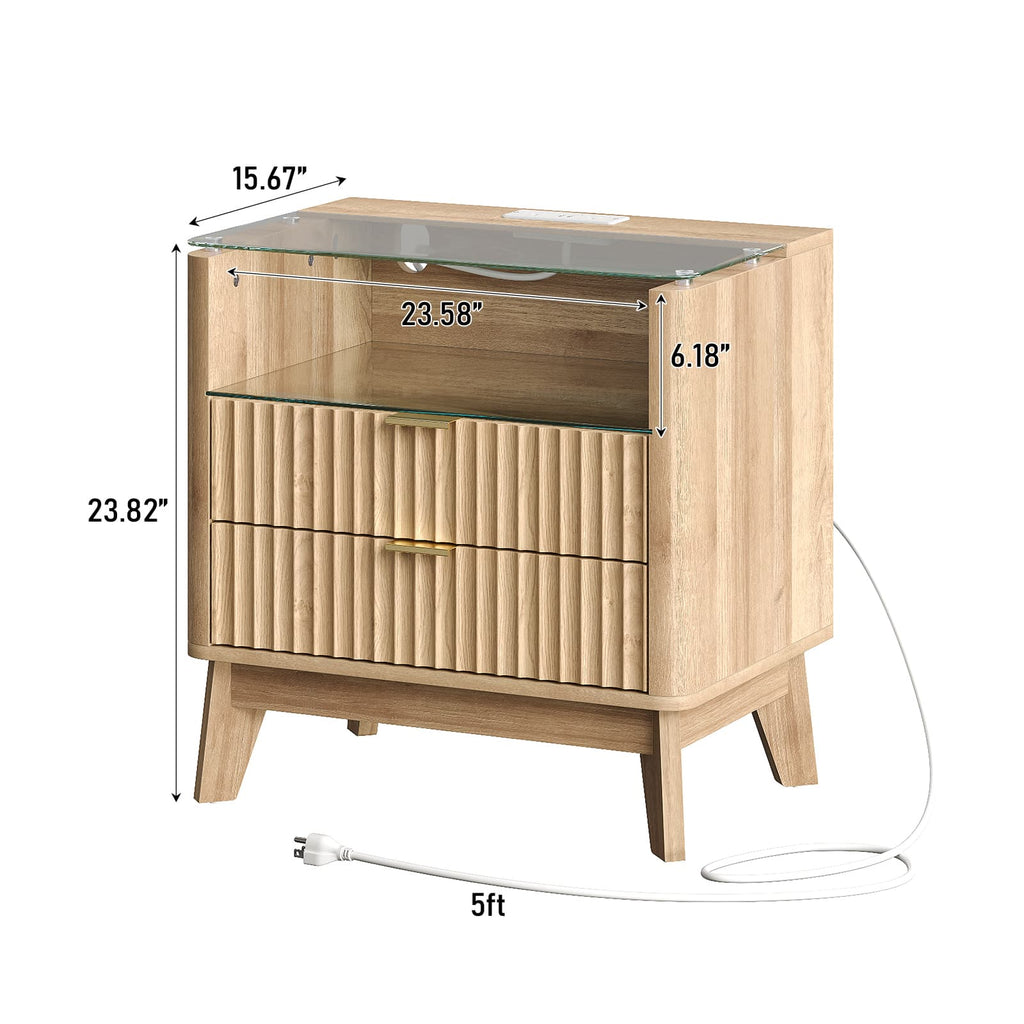 Yanosaku NS003 - NR 23" Nightstand with Charging Station, Fluted LED End Table with Drawers, Oak - Yanosaku SotreFurnitureNS003-NR-1