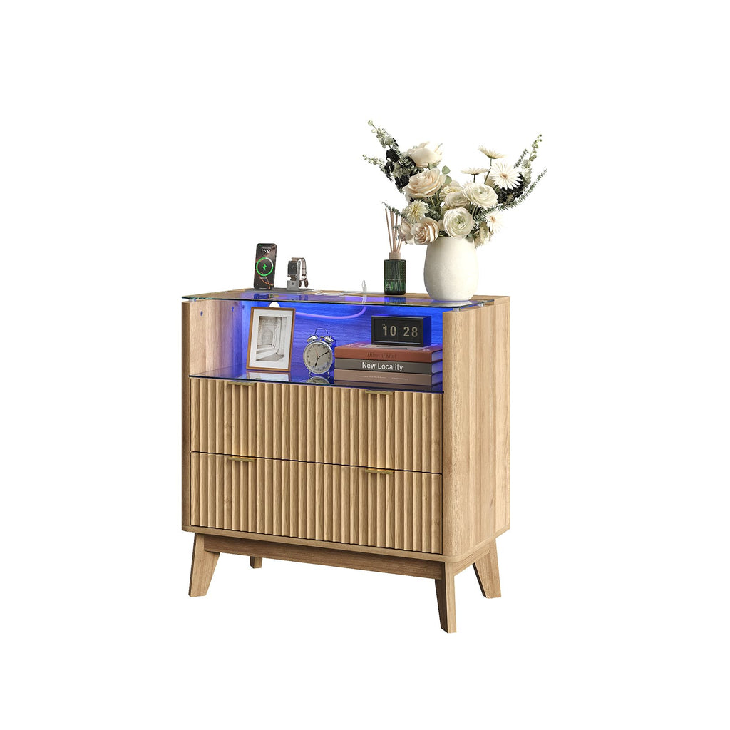 Yanosaku NS004 - NR 31" Nightstand with Charging Station, Fluted LED End Table with Drawers, Oak - Yanosaku SotreFurniture