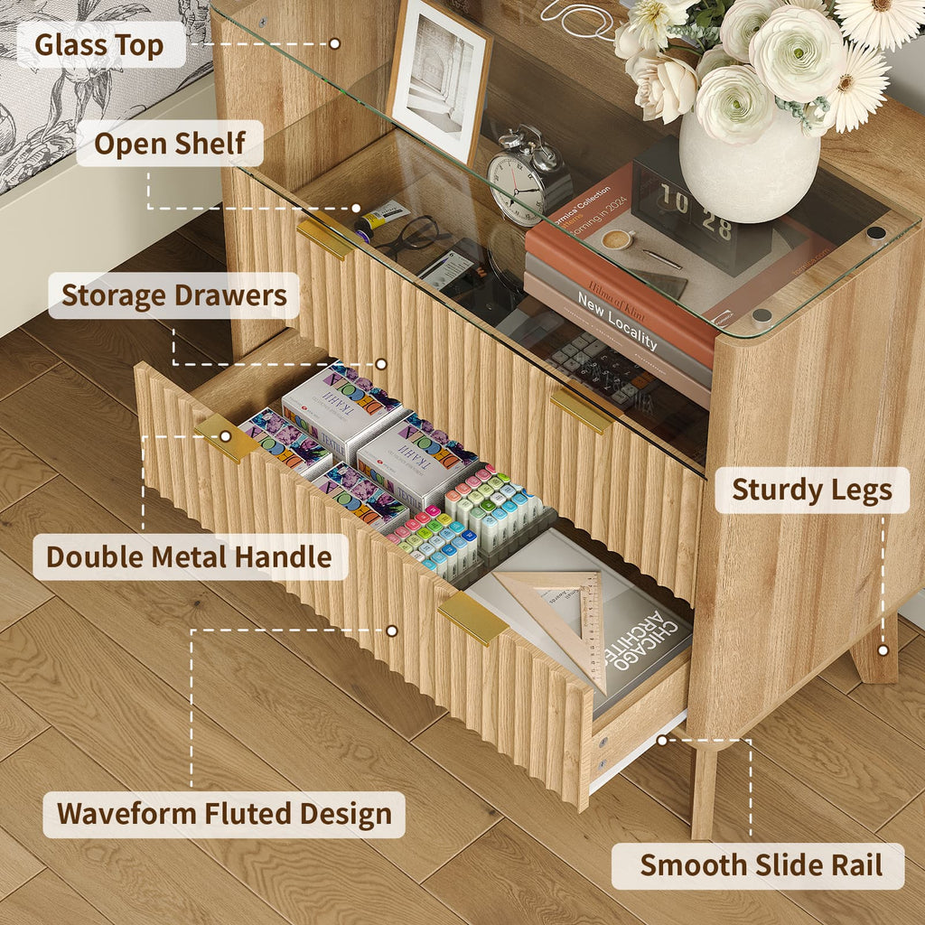 Yanosaku NS004 - NR 31" Nightstand with Charging Station, Fluted LED End Table with Drawers, Oak - Yanosaku SotreFurniture
