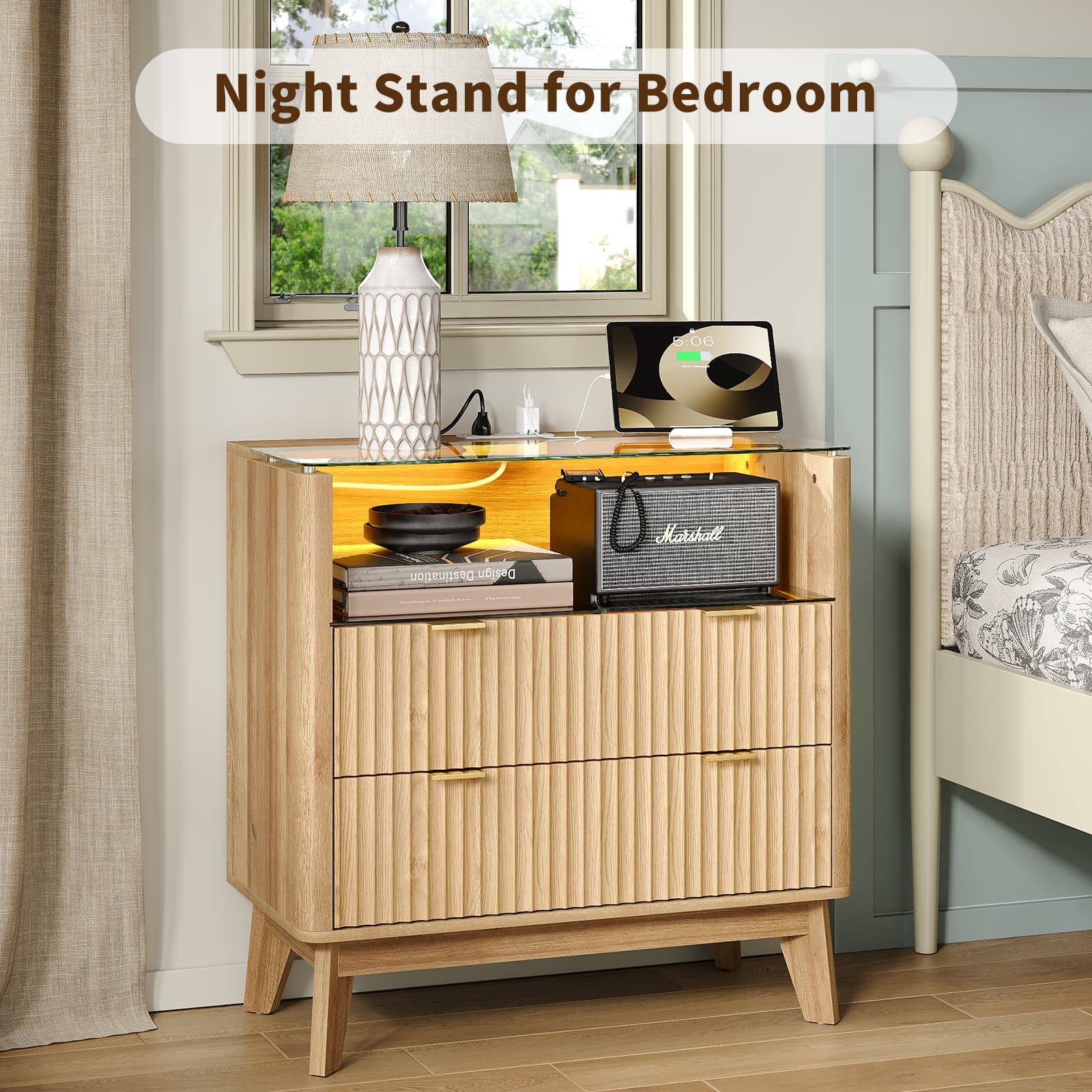 Yanosaku NS004 - NR 31" Nightstand with Charging Station, Fluted LED End Table with Drawers, Oak - Yanosaku SotreFurniture