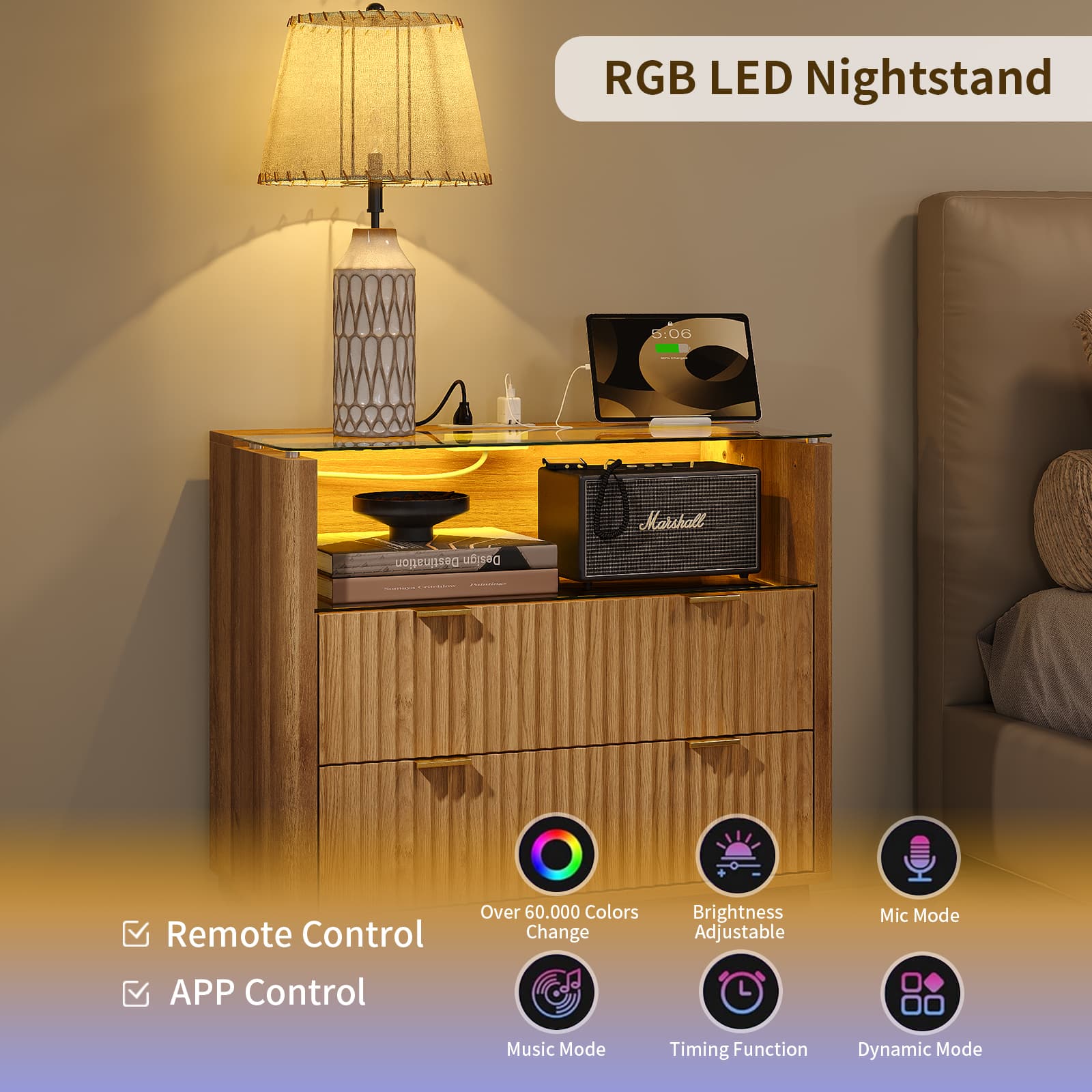 Yanosaku NS004 - NR 31" Nightstand with Charging Station, Fluted LED End Table with Drawers, Oak - Yanosaku SotreFurniture