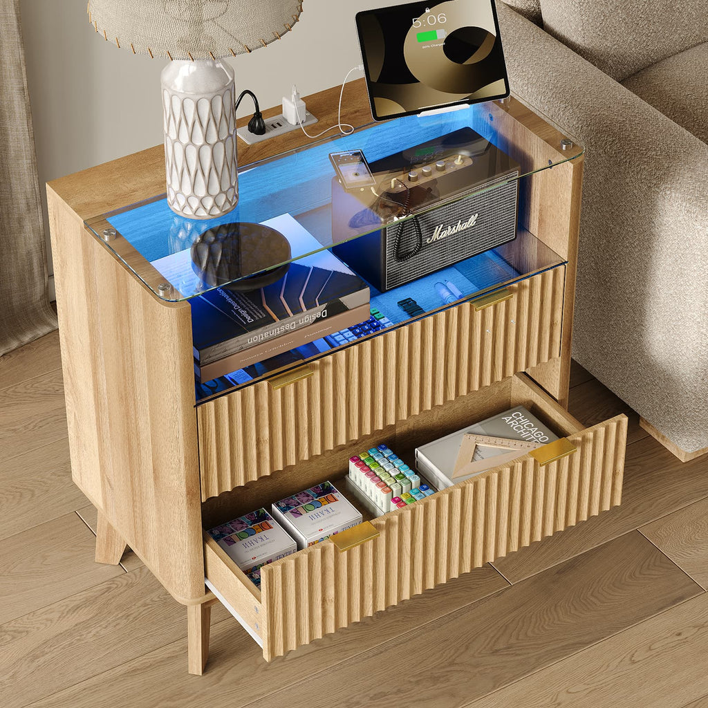 Yanosaku NS004 - NR 31" Nightstand with Charging Station, Fluted LED End Table with Drawers, Oak - Yanosaku SotreFurniture