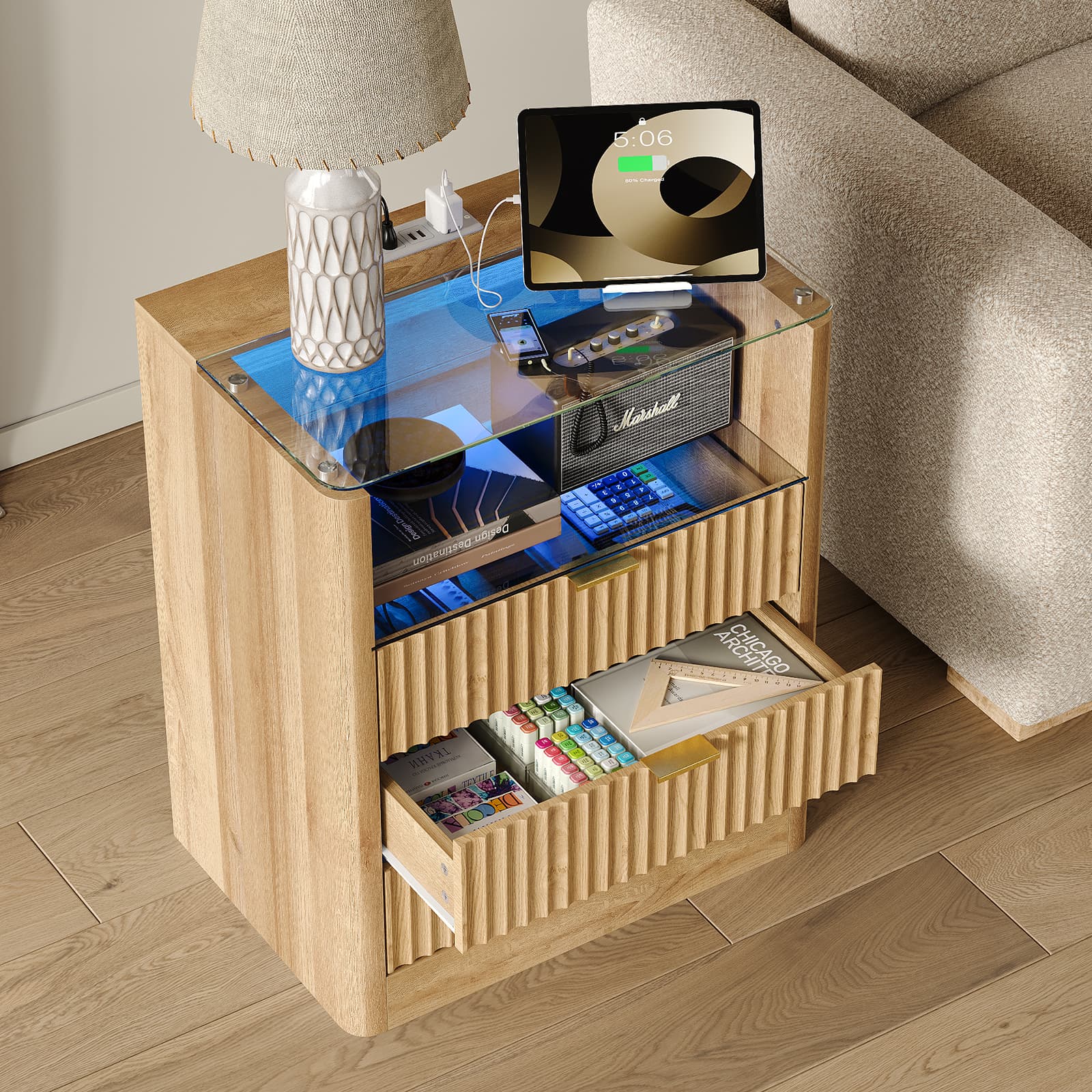 Yanosaku NS005 - NR 23" Nightstand with Charging Station, Fluted LED End Table w/ 3 Drawers, Oak - Yanosaku SotreFurniture