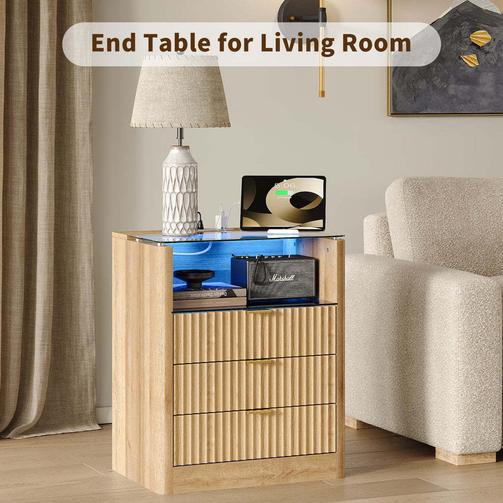 Yanosaku NS005 - NR 23" Nightstand with Charging Station, Fluted LED End Table w/ 3 Drawers, Oak - Yanosaku SotreFurniture