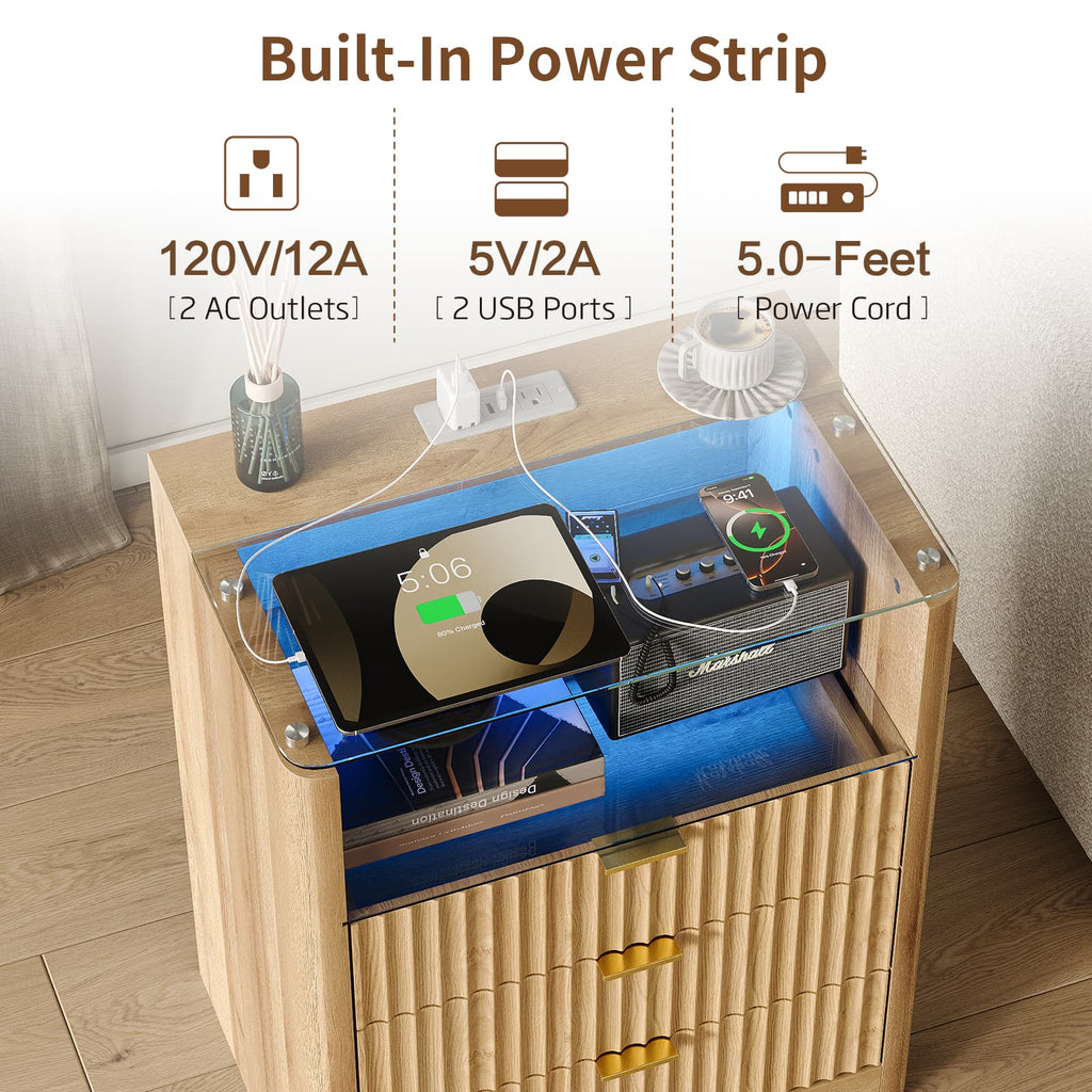 Yanosaku NS005 - NR 23" Nightstand with Charging Station, Fluted LED End Table w/ 3 Drawers, Oak - Yanosaku SotreFurniture