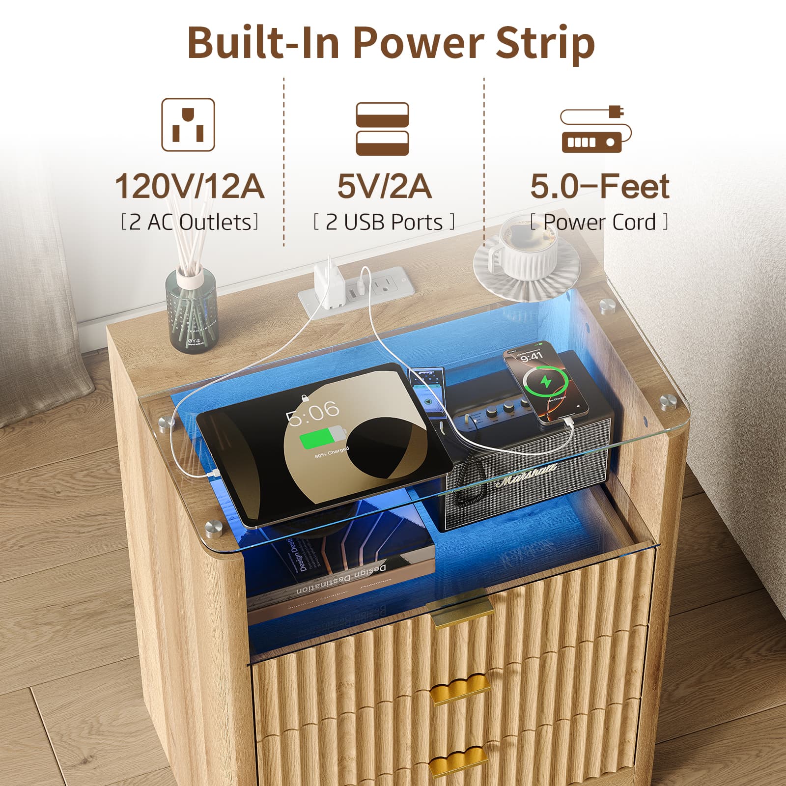 Yanosaku NS005 - NR 23" Nightstand with Charging Station, Fluted LED End Table w/ 3 Drawers, Oak - Yanosaku SotreFurniture