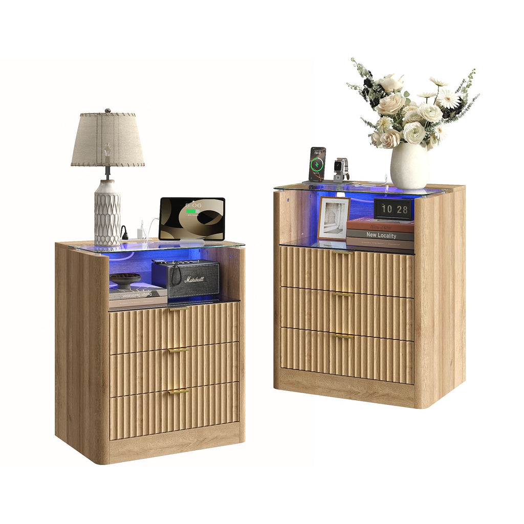 Yanosaku NS005 - NR 23" Nightstand with Charging Station, Fluted LED End Table w/ 3 Drawers, Oak - Yanosaku SotreFurniture