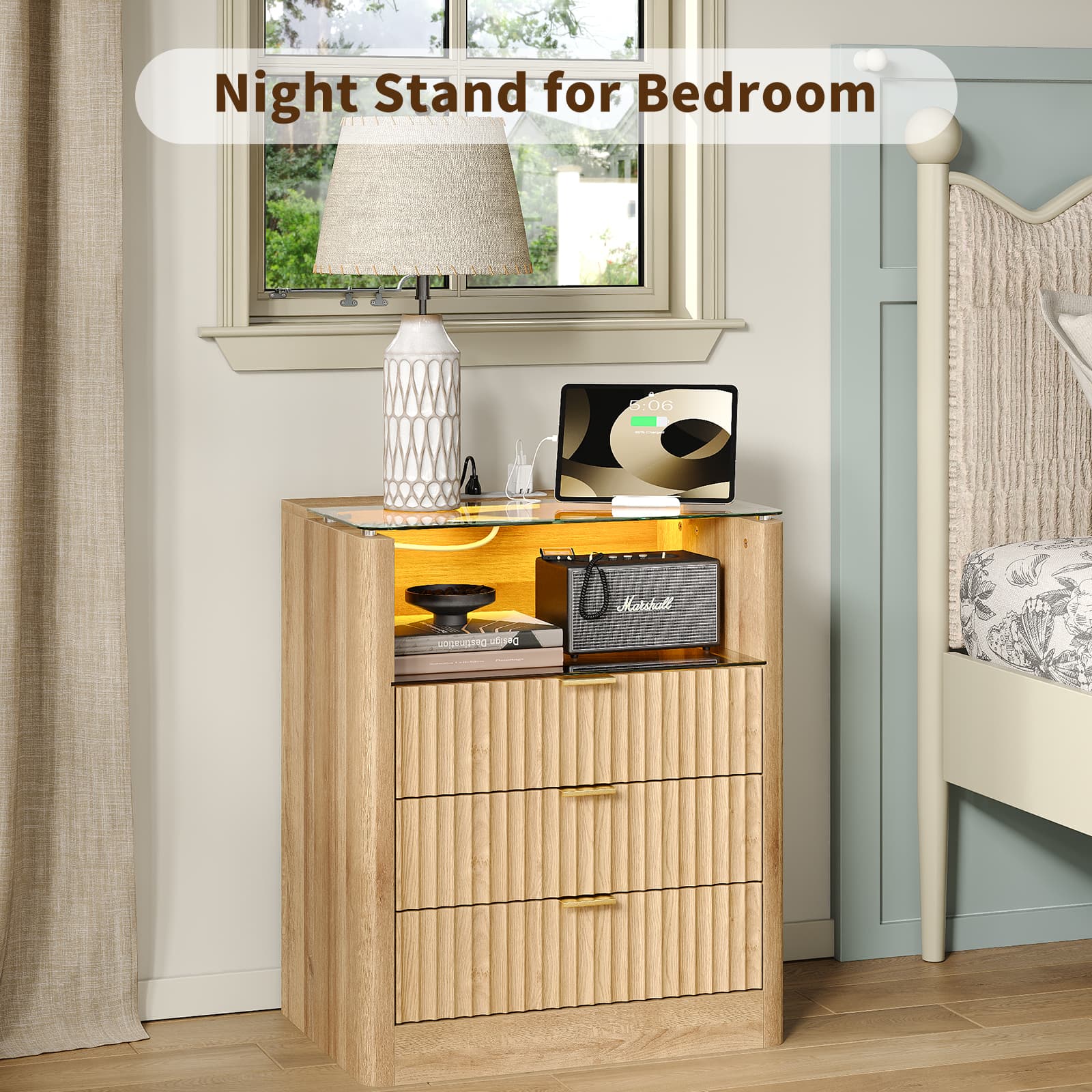 Yanosaku NS005 - NR 23" Nightstand with Charging Station, Fluted LED End Table w/ 3 Drawers, Oak - Yanosaku SotreFurniture