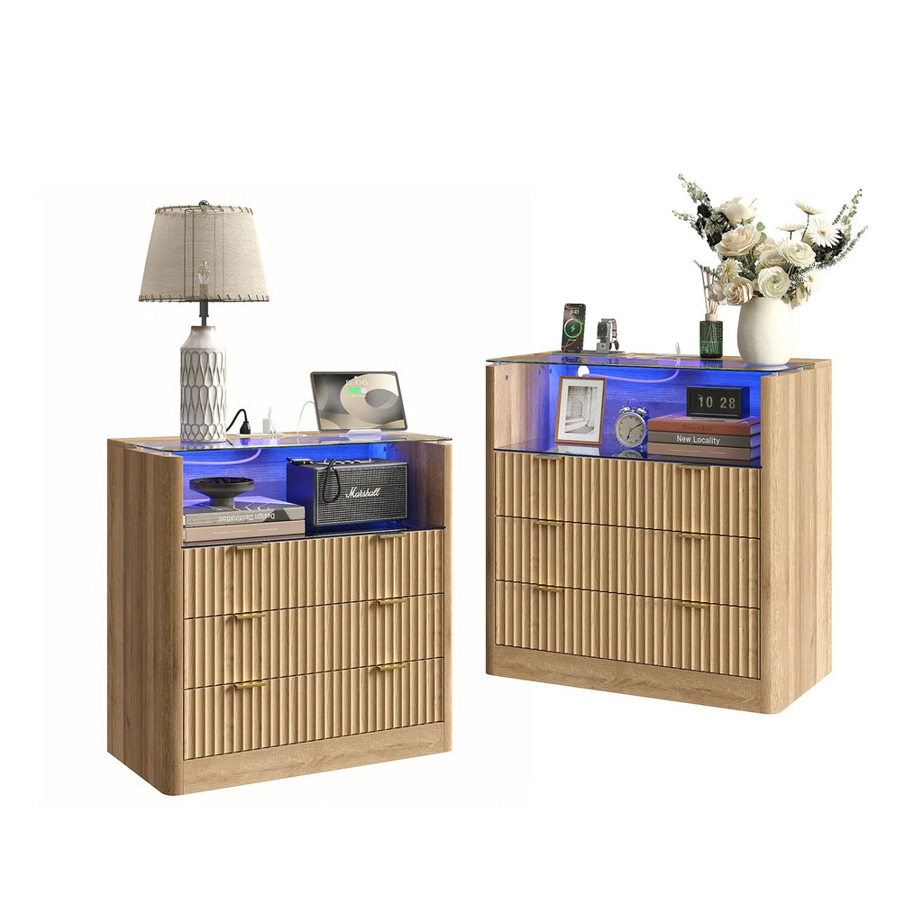 Yanosaku NS006 - NR 31" Nightstand with Charging Station, Fluted LED End Table w/ 3 Drawers, Oak - Yanosaku SotreFurnitureNS006-NR-2