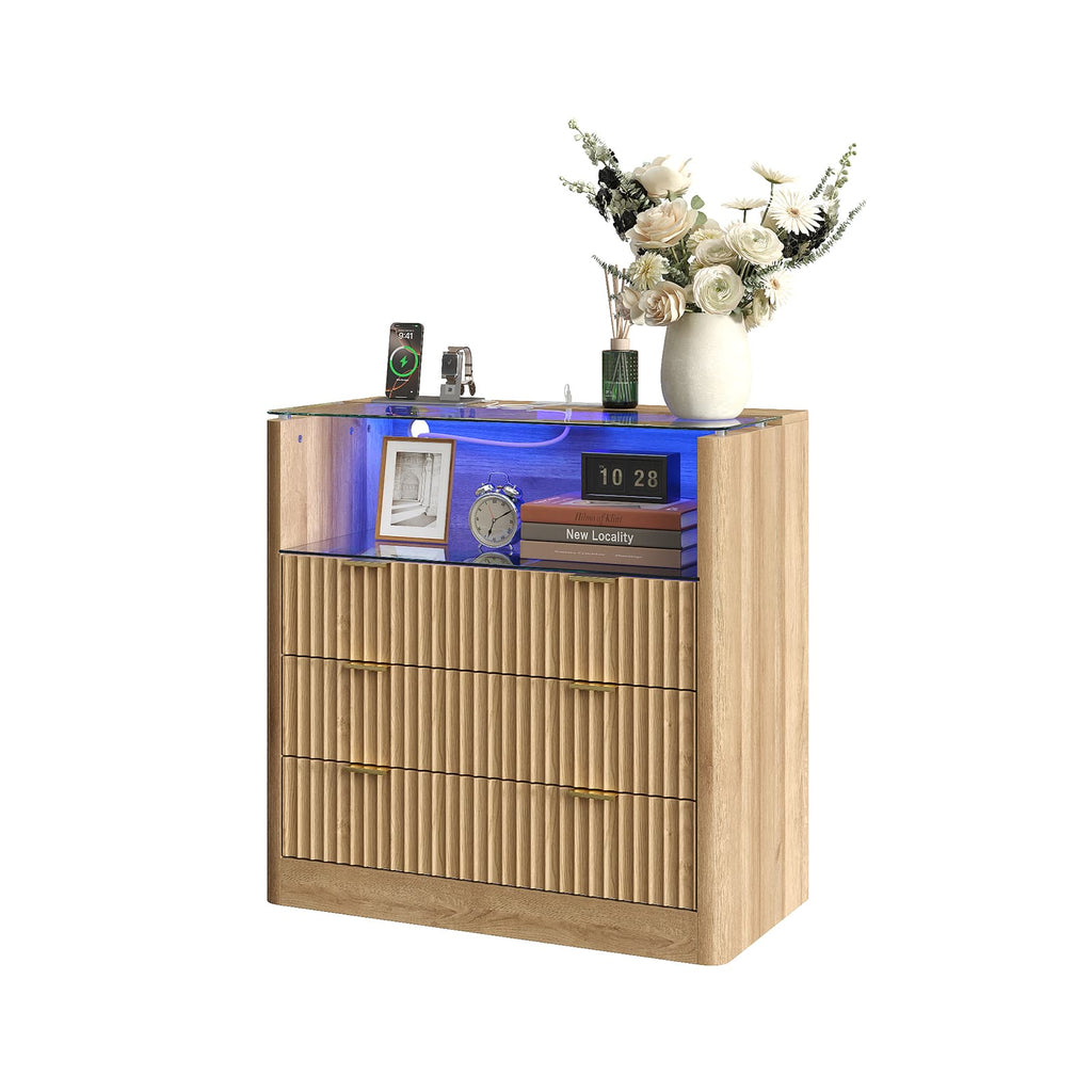 Yanosaku NS006 - NR 31" Nightstand with Charging Station, Fluted LED End Table w/ 3 Drawers, Oak - Yanosaku SotreFurnitureNS006-NR-1