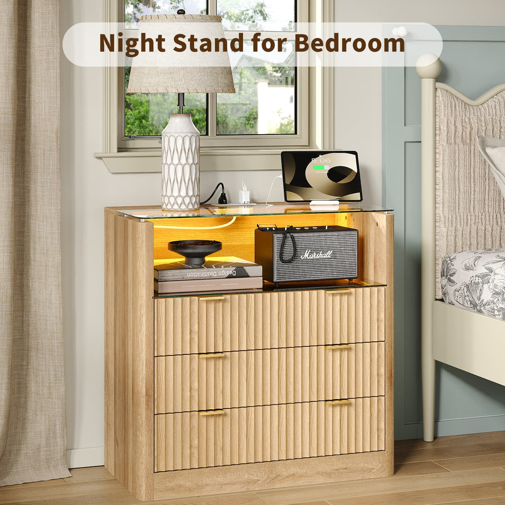 Yanosaku NS006 - NR 31" Nightstand with Charging Station, Fluted LED End Table w/ 3 Drawers, Oak - Yanosaku SotreFurnitureNS006-NR-2