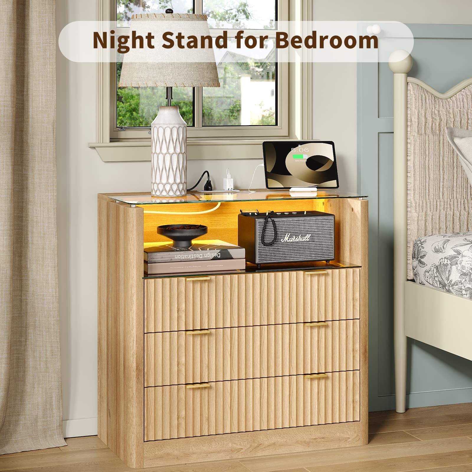 Yanosaku NS006 - NR 31" Nightstand with Charging Station, Fluted LED End Table w/ 3 Drawers, Oak - Yanosaku SotreFurnitureNS006-NR-2