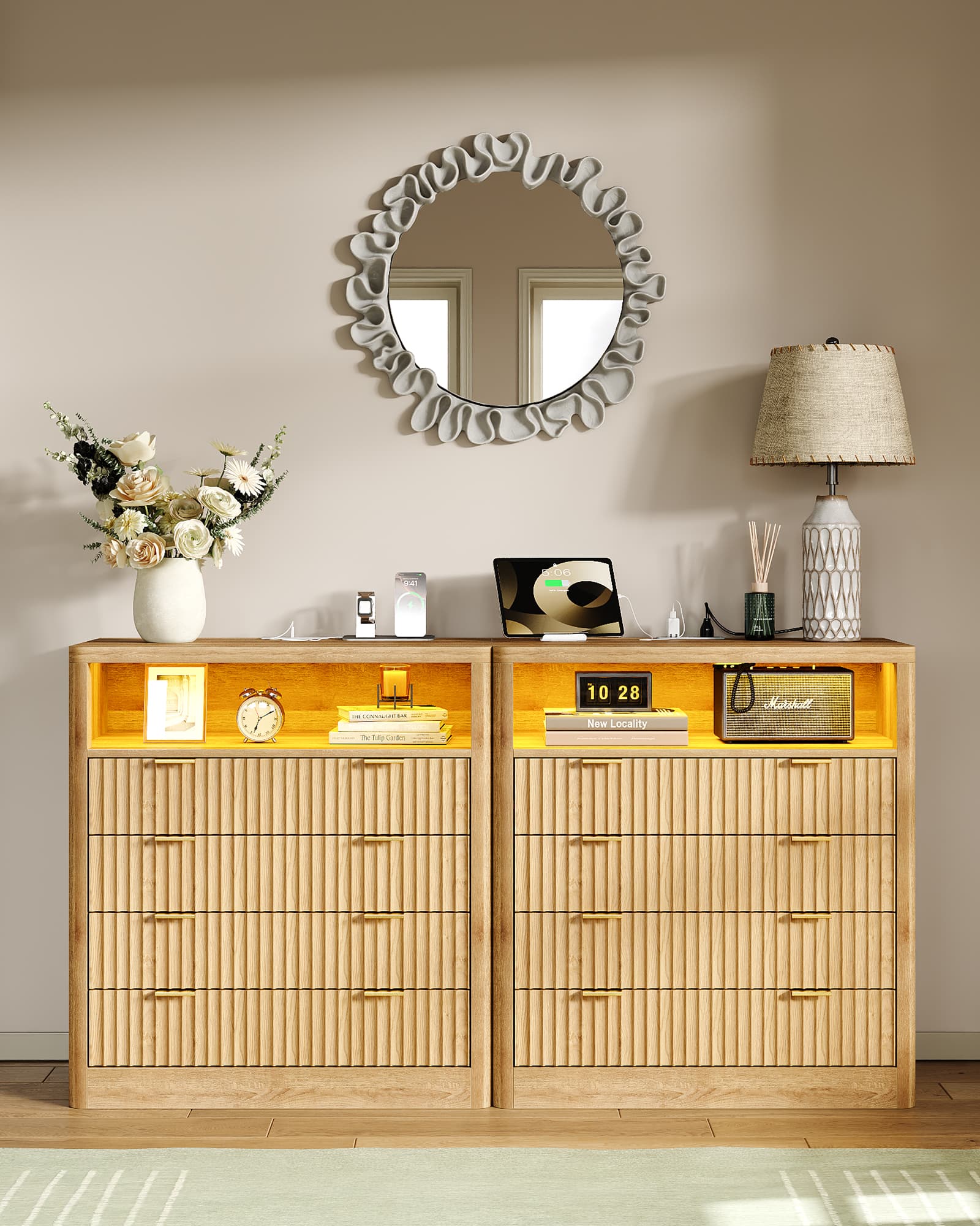 Yanosaku NS009 - NR Fluted Nightstand with LED & Charging Station, 4 - Drawer Bedroom Storage, Oak - Yanosaku SotreFurniture