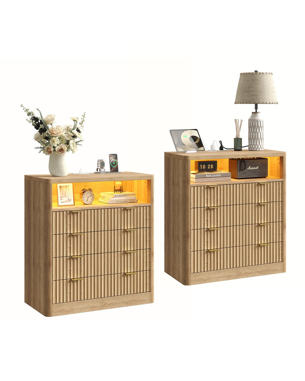 Yanosaku NS009 - NR Fluted Nightstand with LED & Charging Station, 4 - Drawer Bedroom Storage, Oak - Yanosaku SotreFurniture