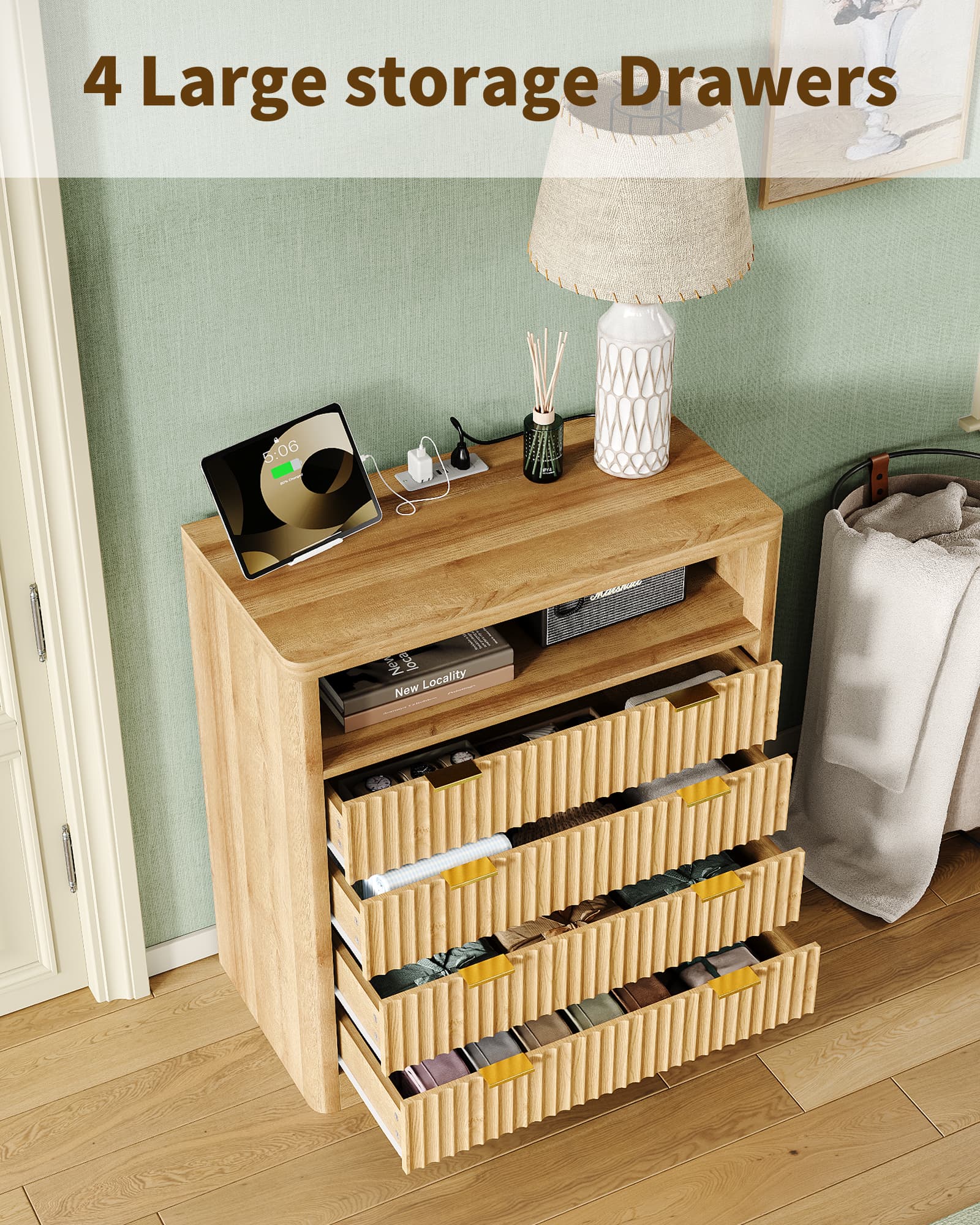 Yanosaku NS009 - NR Fluted Nightstand with LED & Charging Station, 4 - Drawer Bedroom Storage, Oak - Yanosaku SotreFurniture