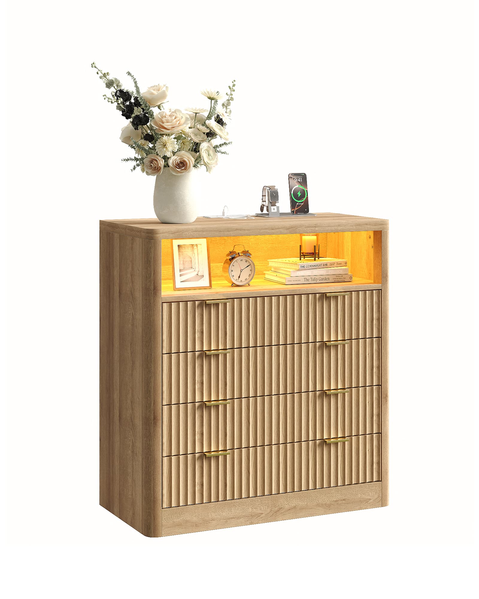 Yanosaku NS009 - NR Fluted Nightstand with LED & Charging Station, 4 - Drawer Bedroom Storage, Oak - Yanosaku SotreFurniture