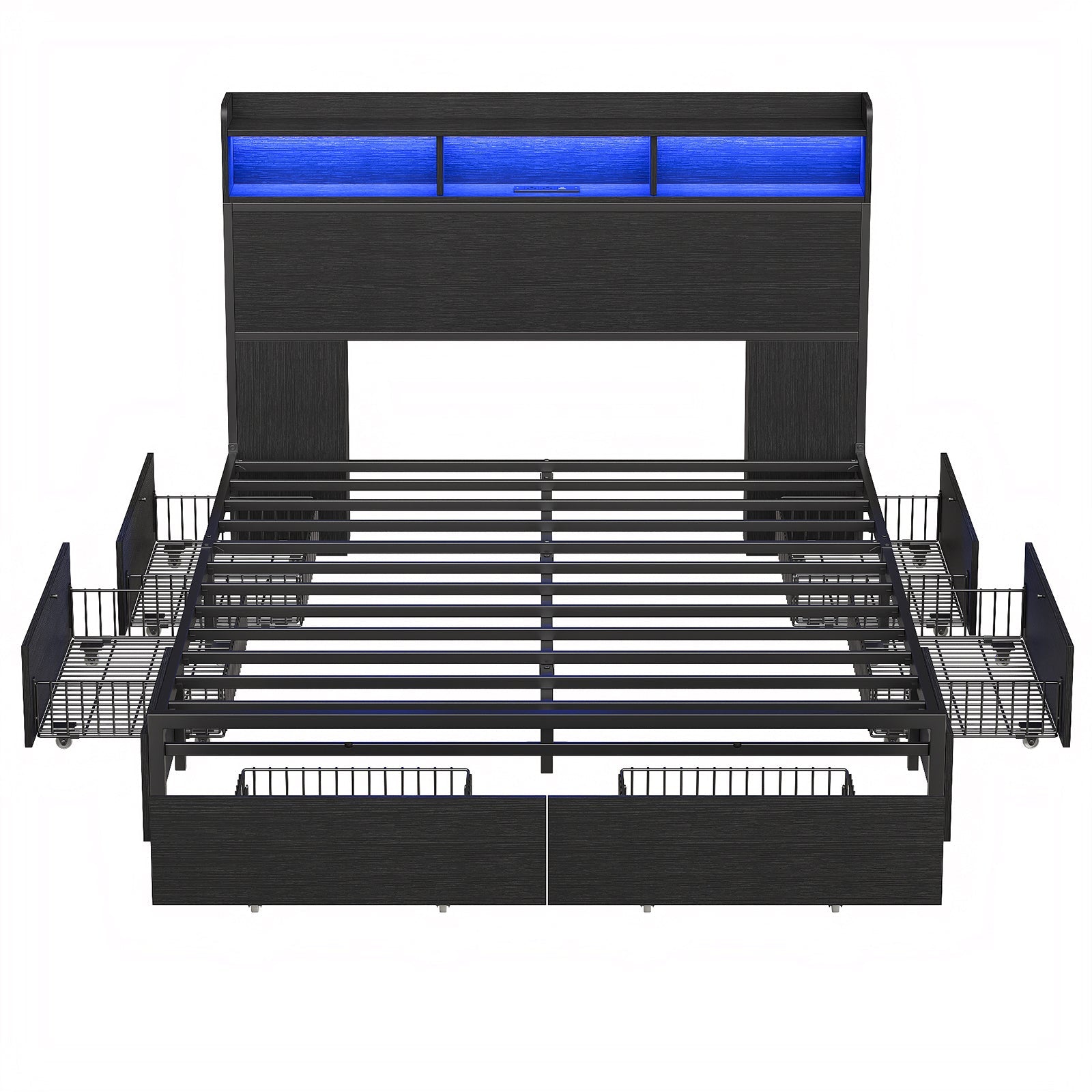 Yanosaku US - BF010 - BK Full/Queen Bed Frame with 6 Storage Drawers,a Bookcase Headboard. LED Lights, a Charging Station,No Box Spring Needed,Black - VektayaFurnitureUS-BF010-BK-F