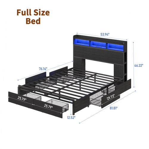 Yanosaku US - BF010 - BK Full/Queen Bed Frame with 6 Storage Drawers,a Bookcase Headboard. LED Lights, a Charging Station,No Box Spring Needed,Black - VektayaFurnitureUS-BF010-BK-F