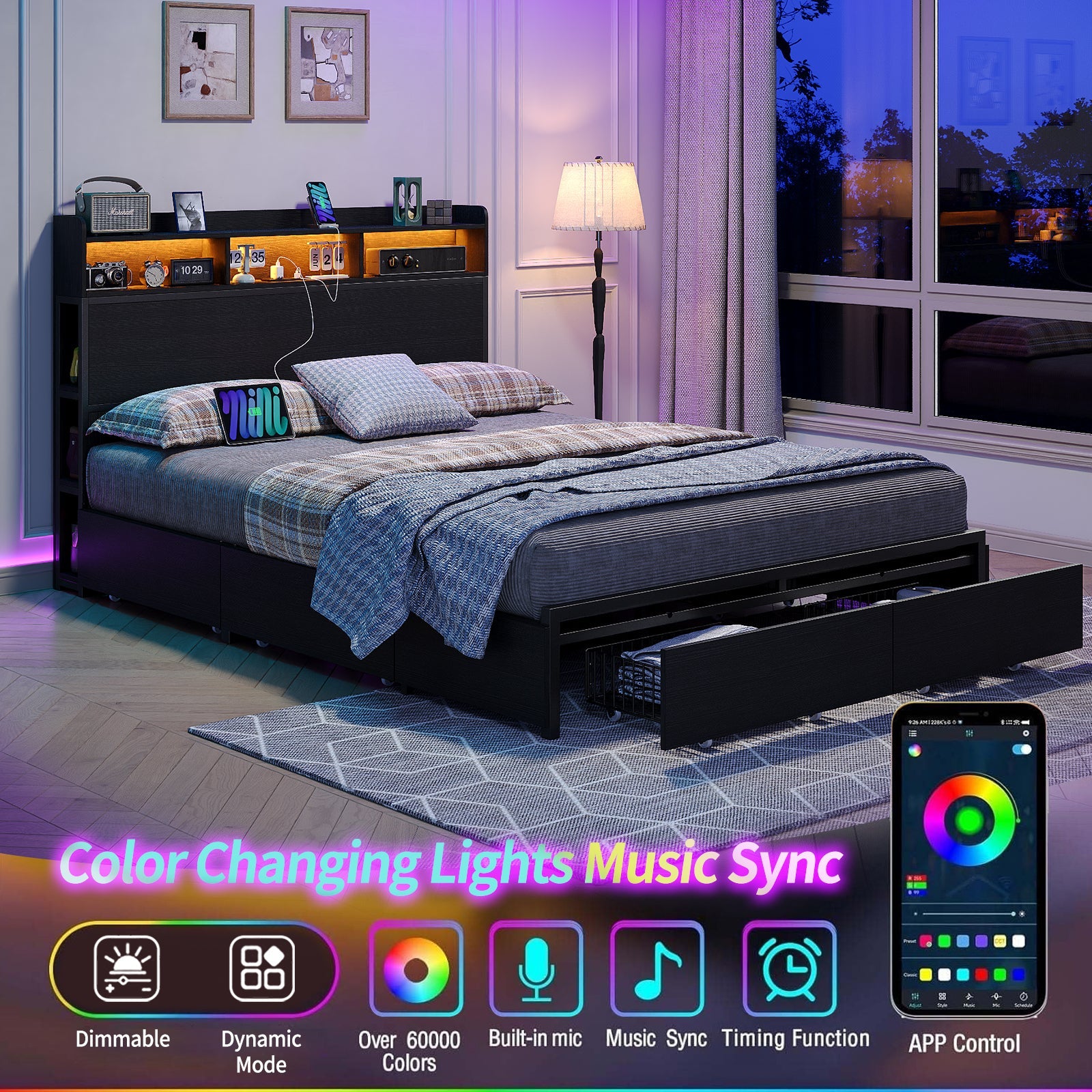Yanosaku US - BF010 - BK Full/Queen Bed Frame with 6 Storage Drawers,a Bookcase Headboard. LED Lights, a Charging Station,No Box Spring Needed,Black - VektayaFurnitureUS-BF010-BK-F