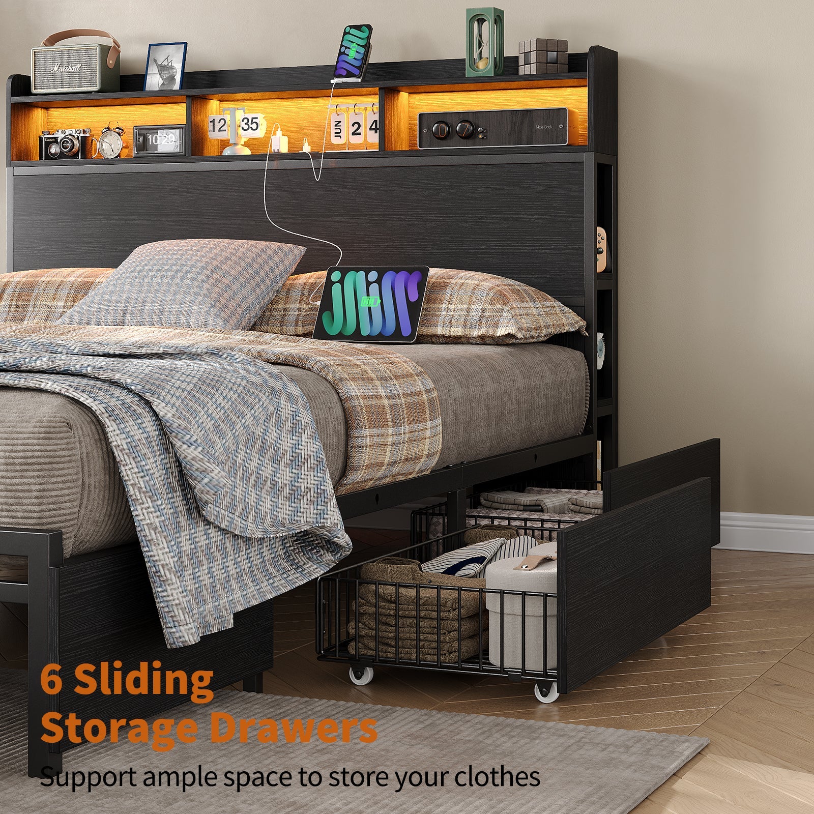 Yanosaku US - BF010 - BK Full/Queen Bed Frame with 6 Storage Drawers,a Bookcase Headboard. LED Lights, a Charging Station,No Box Spring Needed,Black - VektayaFurnitureUS-BF010-BK-F