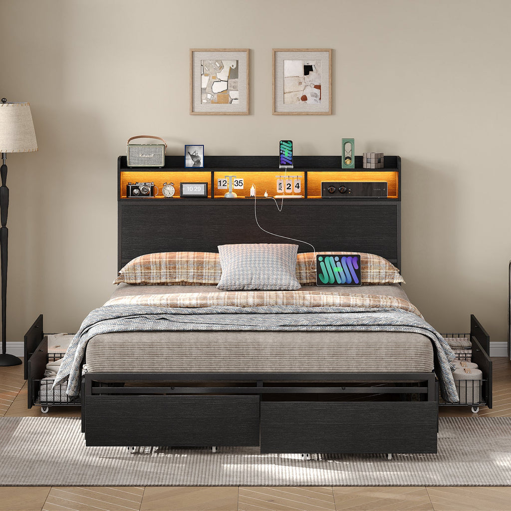 Yanosaku US - BF010 - BK Full/Queen Bed Frame with 6 Storage Drawers,a Bookcase Headboard. LED Lights, a Charging Station,No Box Spring Needed,Black - VektayaFurnitureUS-BF010-BK-F