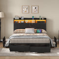 Yanosaku US - BF010 - BK Full/Queen Bed Frame with 6 Storage Drawers,a Bookcase Headboard. LED Lights, a Charging Station,No Box Spring Needed,Black - VektayaFurnitureUS-BF010-BK-F