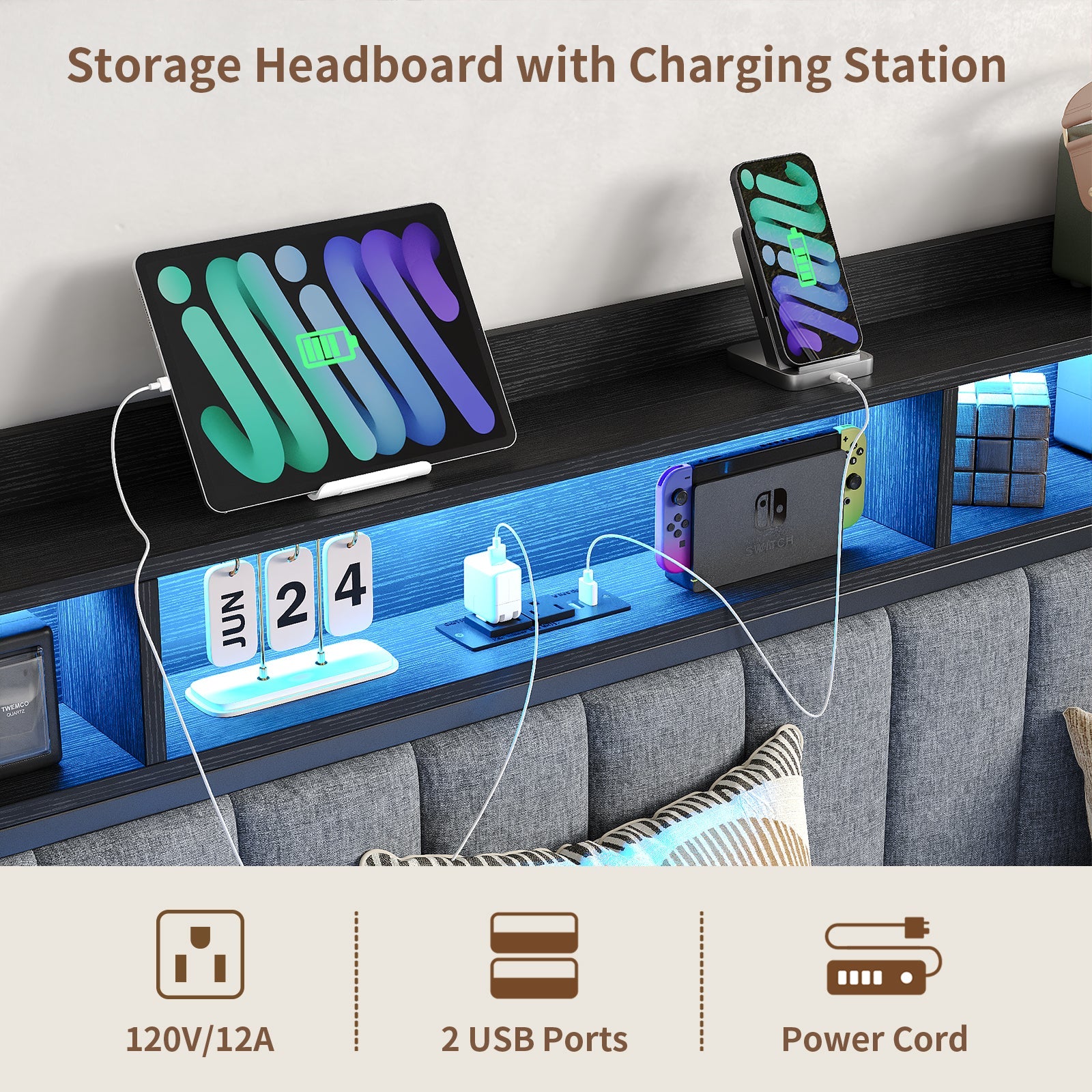 Yanosaku US - BF014 Bed Frame with RGB lights, Charging Station,Storage Headboard.,No Box Spring Needed.Black - VektayaFurnitureUS-BF014
