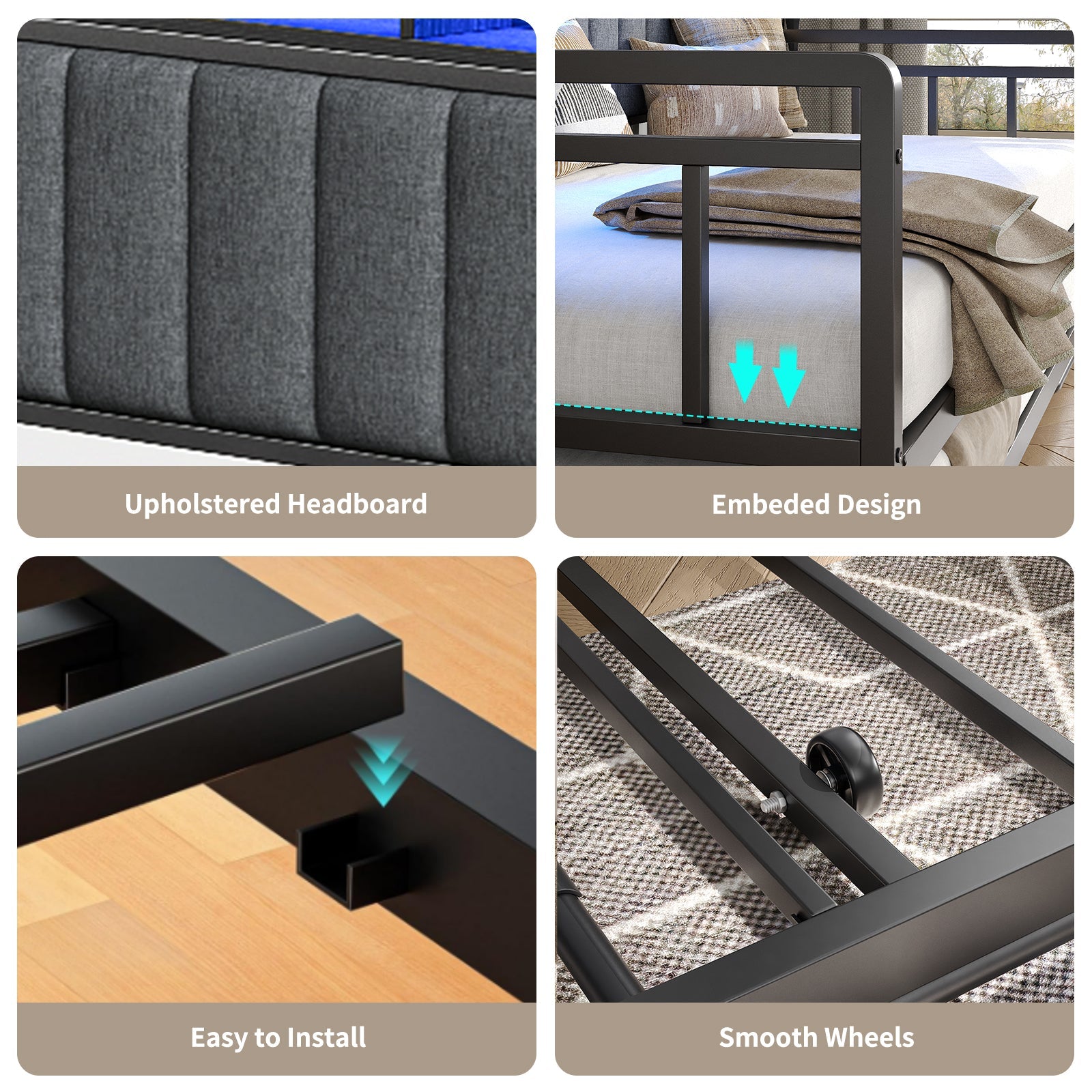 Yanosaku US - BF014 Bed Frame with RGB lights, Charging Station,Storage Headboard.,No Box Spring Needed.Black - VektayaFurnitureUS-BF014