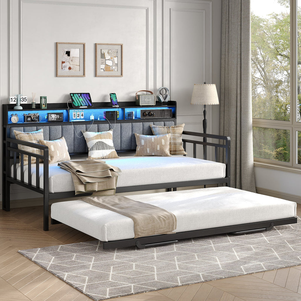 Yanosaku US - BF014 Bed Frame with RGB lights, Charging Station,Storage Headboard.,No Box Spring Needed.Black - VektayaFurnitureUS-BF014