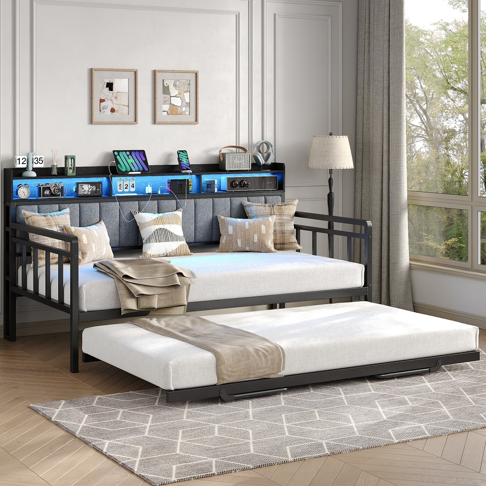 Yanosaku US - BF014 Bed Frame with RGB lights, Charging Station,Storage Headboard.,No Box Spring Needed.Black - VektayaFurnitureUS-BF014