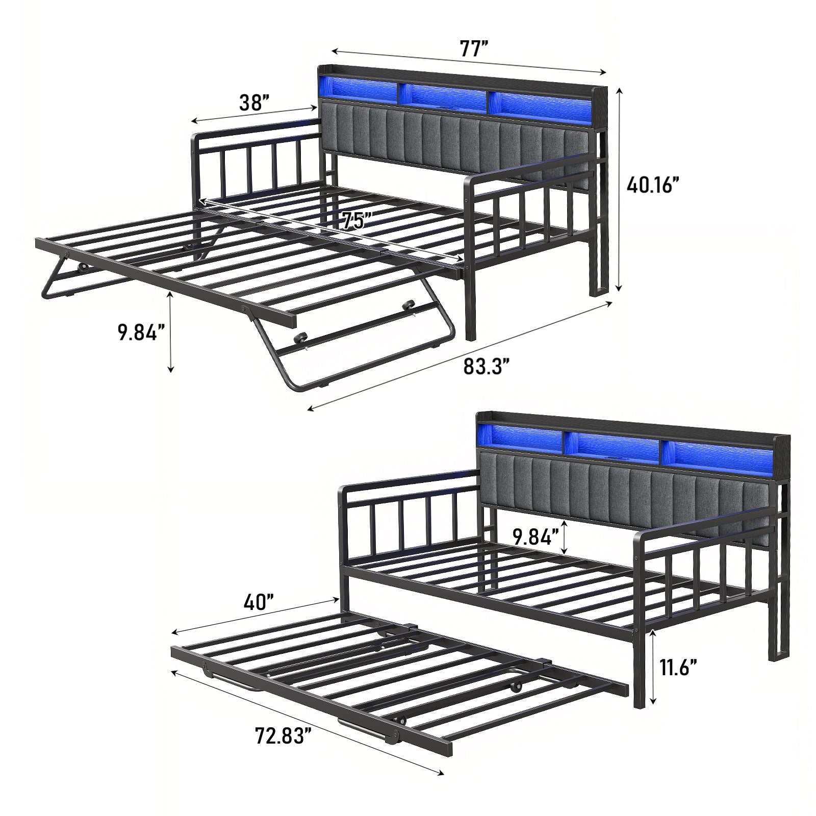 Yanosaku US - BF014 Bed Frame with RGB lights, Charging Station,Storage Headboard.,No Box Spring Needed.Black - VektayaFurnitureUS-BF014
