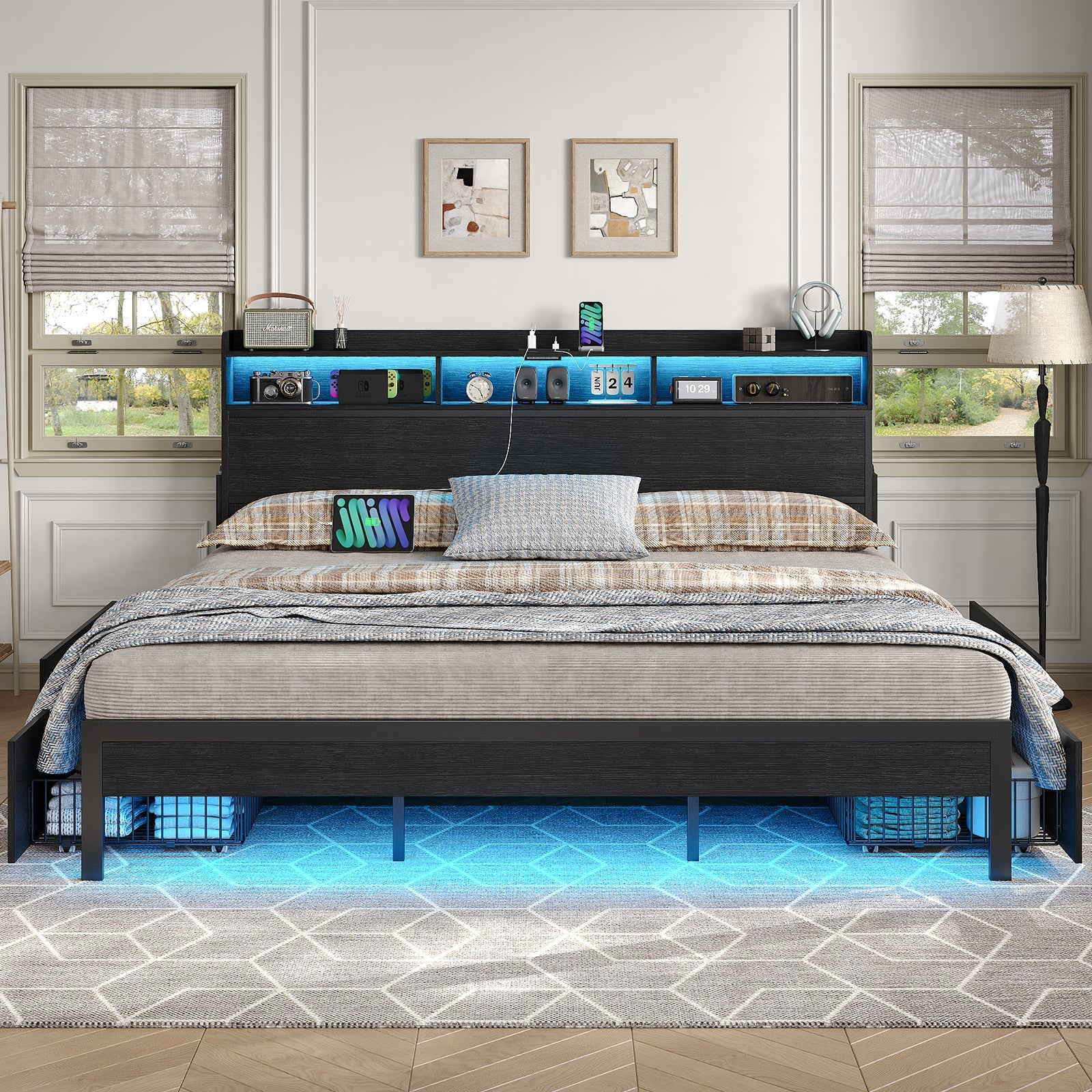 Yanosaku US - BF015 Full/Queen/King Bed Frame with 2 Hidden Nightstands, 4 Drawers, RGB Lights & USB Charging, No Box Spring,Black. - VektayaFurnitureUS-BF015-BL-F