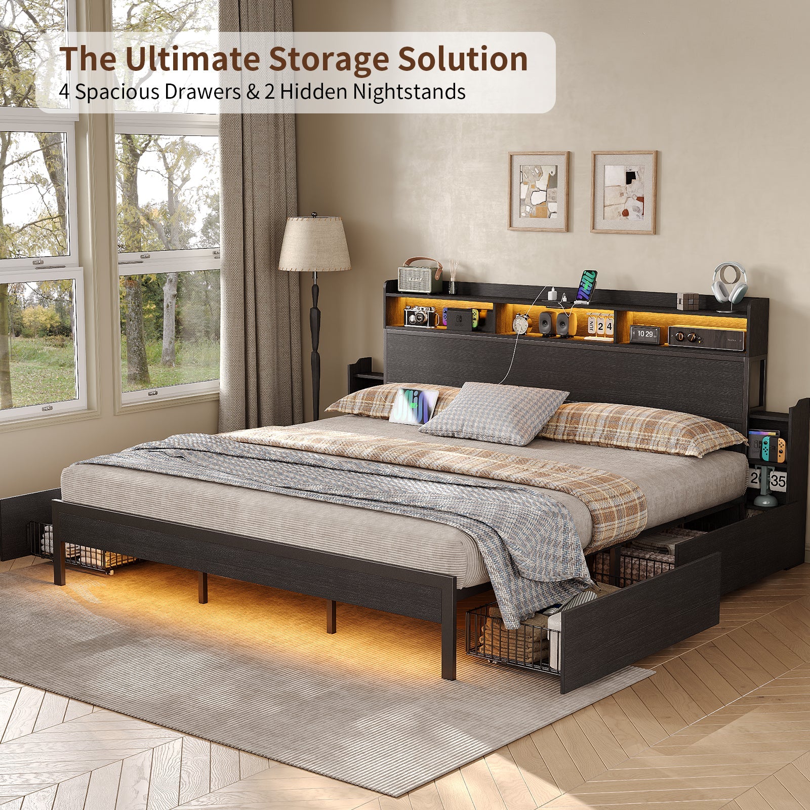 Yanosaku US - BF015 Full/Queen/King Bed Frame with 2 Hidden Nightstands, 4 Drawers, RGB Lights & USB Charging, No Box Spring,Black. - VektayaFurnitureUS-BF015-BL-F