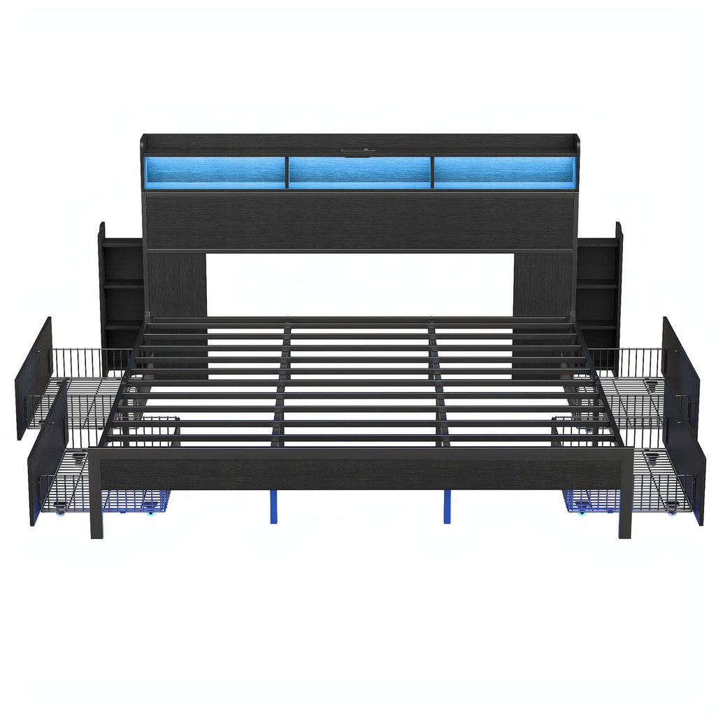 Yanosaku US - BF015 Full/Queen/King Bed Frame with 2 Hidden Nightstands, 4 Drawers, RGB Lights & USB Charging, No Box Spring,Black. - VektayaFurnitureUS-BF015-BL-F