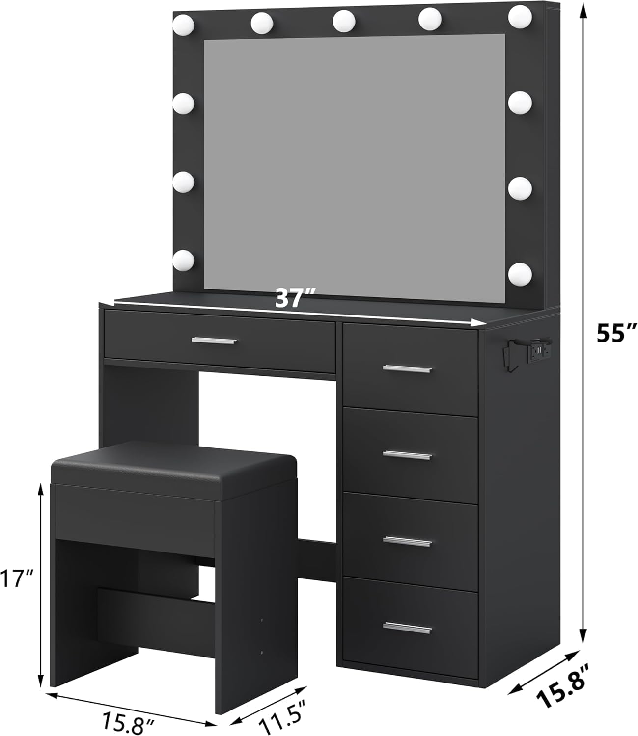 Yanosaku Vanity Desk with Mirror, 11 LED Lights, 5 Drawers, Adjustable Brightness, Chair Included, White Yanosaku Vanity Desk with Mirror, 11 LED Lights, 5 Drawers, Adjustable Brightness, Chair Included, White