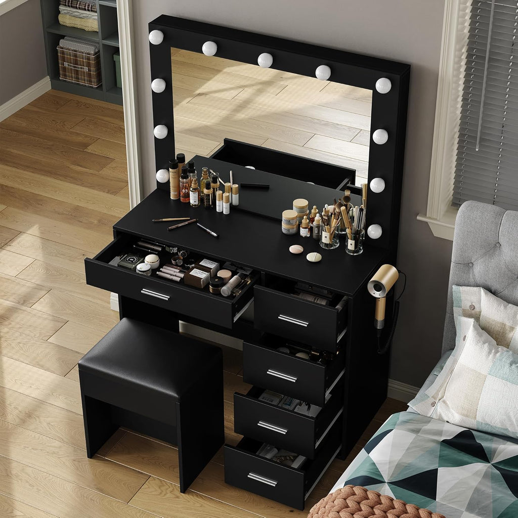 Yanosaku VD001 Bedroom Makeup Vanity desk with LED Mirror, 5 Drawers - Yanosaku SotreFurnitureVD001-BK