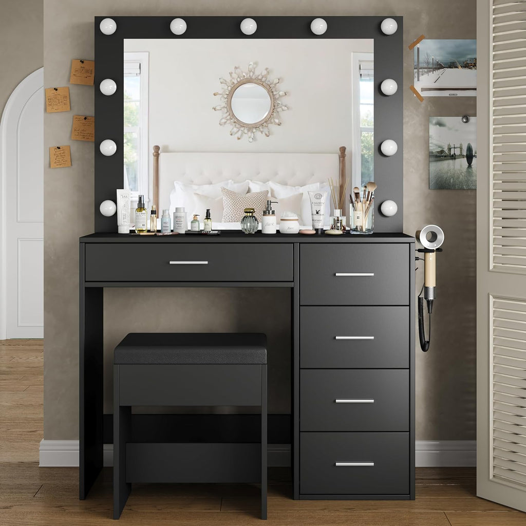 Yanosaku VD001 Modern White Makeup Vanity Set Table with Stool & LED Mirror 5 Drawers - Yanosaku SotreFurnitureVD001 - BK