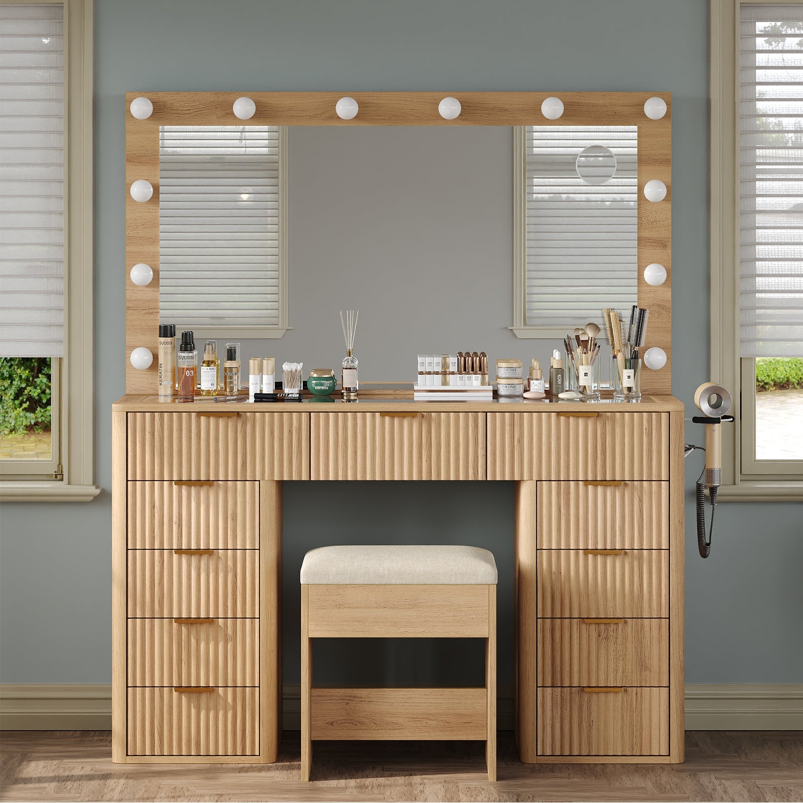 Yanosaku VD003 Modern Makeup Vanity Set, LED Mirror, 11 Drawers - Yanosaku SotreFurnitureVD009 - NR