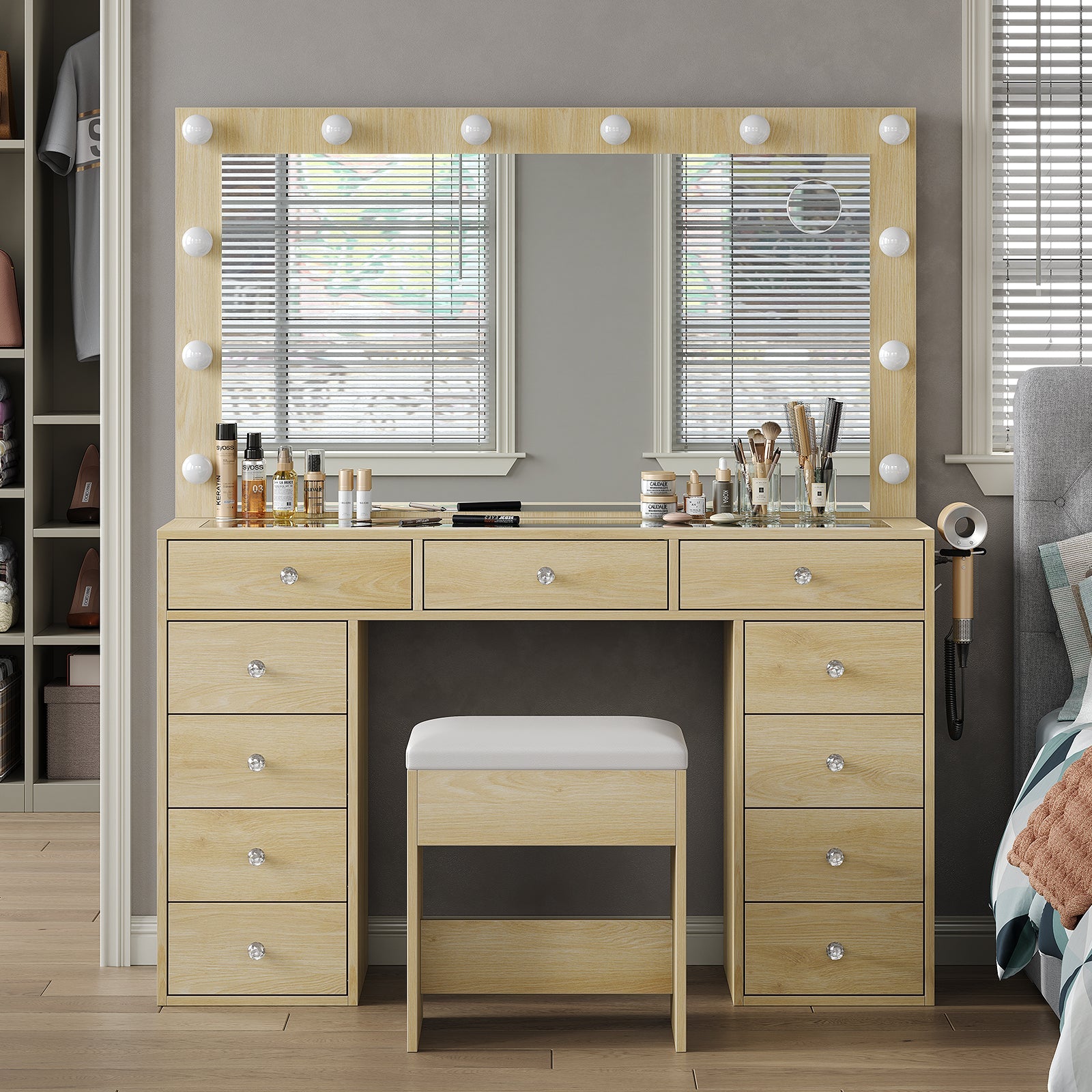 Yanosaku VD003 Modern White Makeup Vanity Set Table with Stool & LED Mirror 11 Drawers Luxury - Yanosaku SotreFurniture