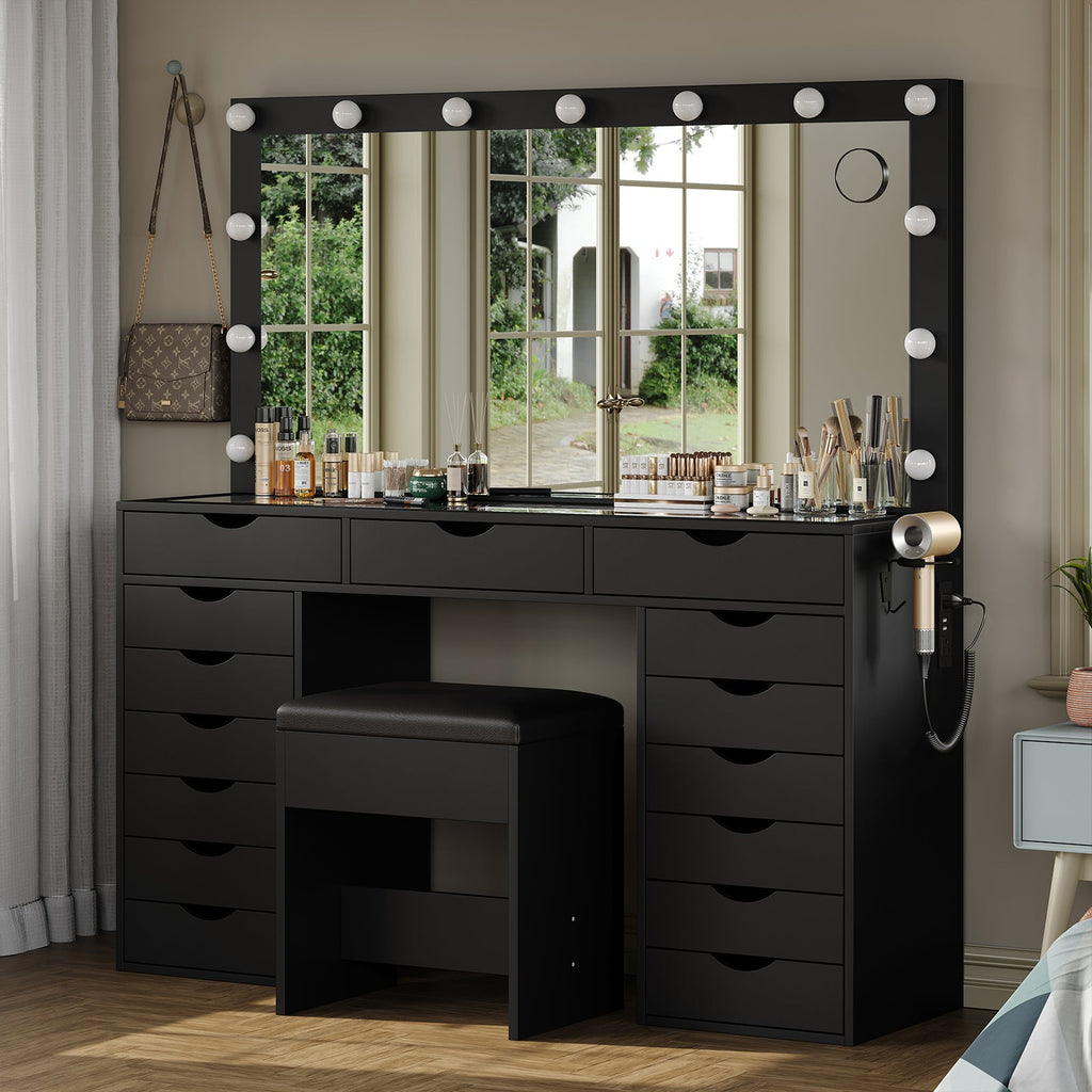 Yanosaku VD008 Bedroom Makeup Vanity desk with LED Mirro, 15 Drawers - Yanosaku SotreFurnitureVD008 - BL