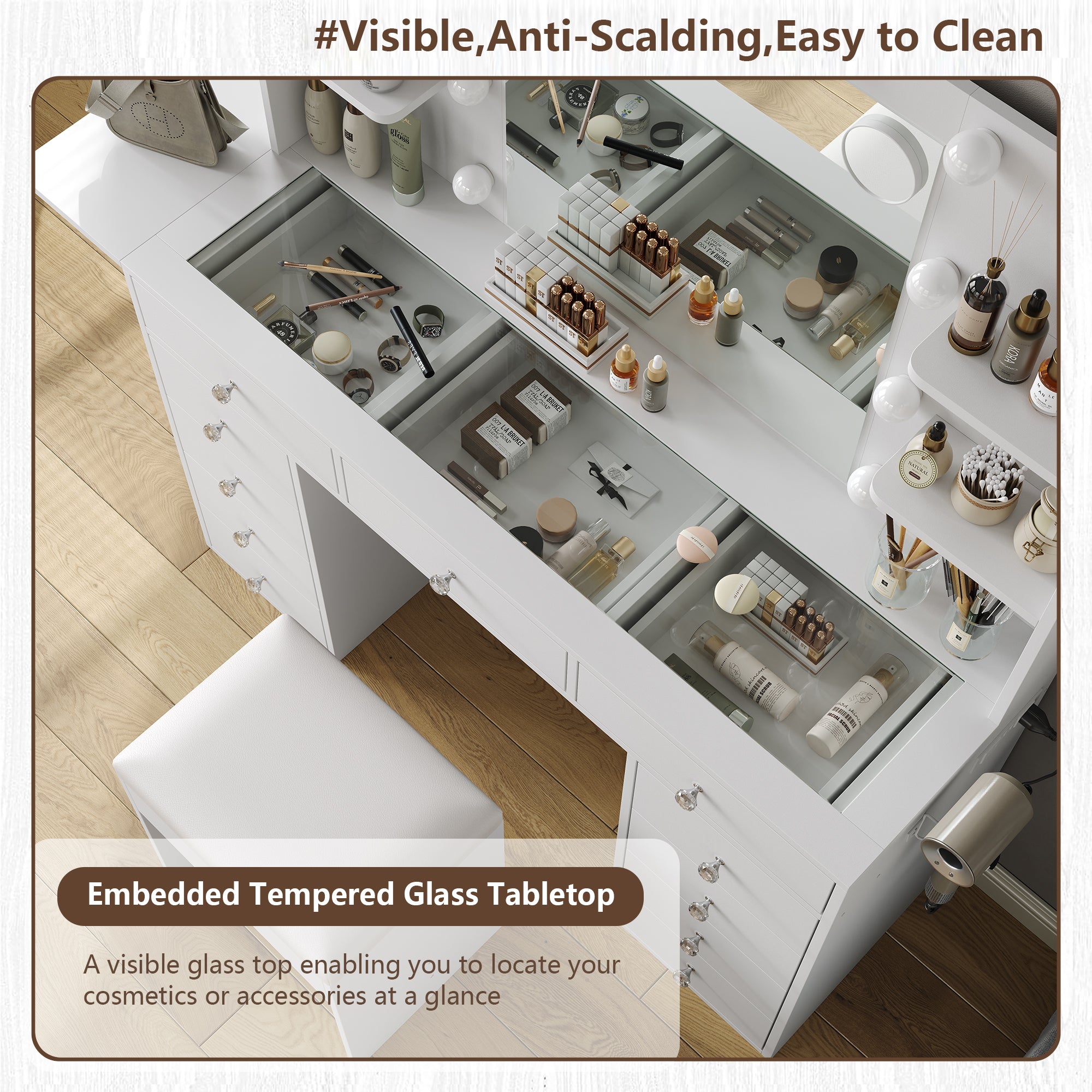 Yanosaku VD010 Modern White Makeup Vanity Set Table with Stool & LED Mirror 9 Drawers Luxury - Yanosaku SotreFurnitureVD010 - WH