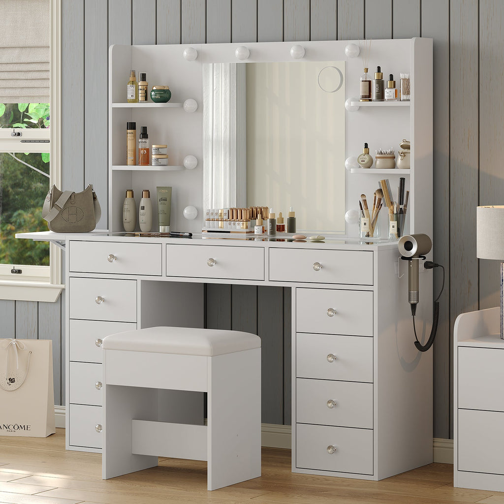 Yanosaku VD010 Modern White Makeup Vanity Set Table with Stool & LED Mirror 9 Drawers Luxury - Yanosaku SotreFurnitureVD010 - WH