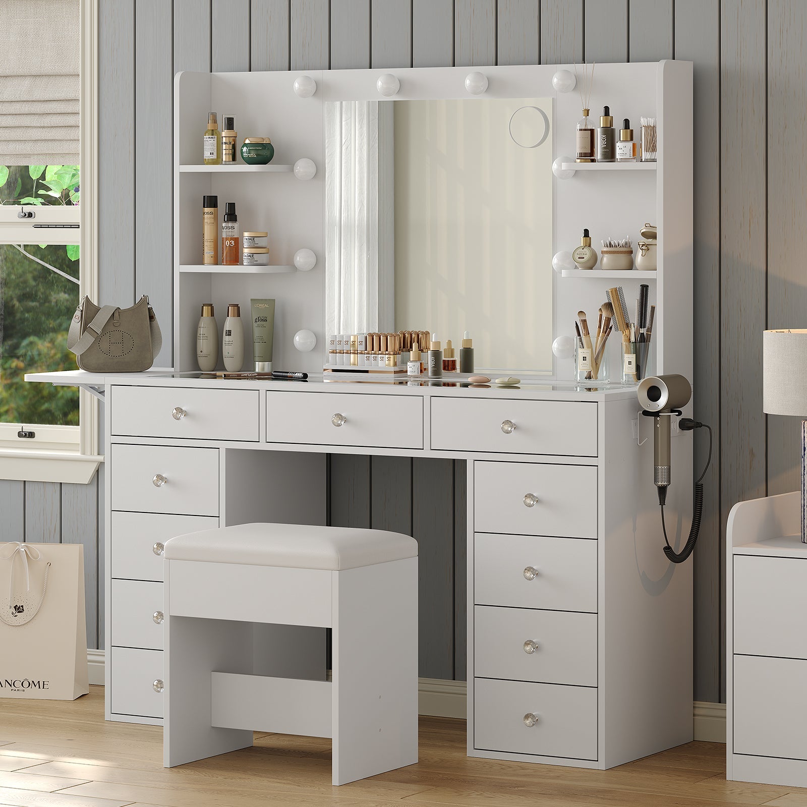 Yanosaku VD010 Modern White Makeup Vanity Set Table with Stool & LED Mirror 9 Drawers Luxury - Yanosaku SotreFurnitureVD010 - WH