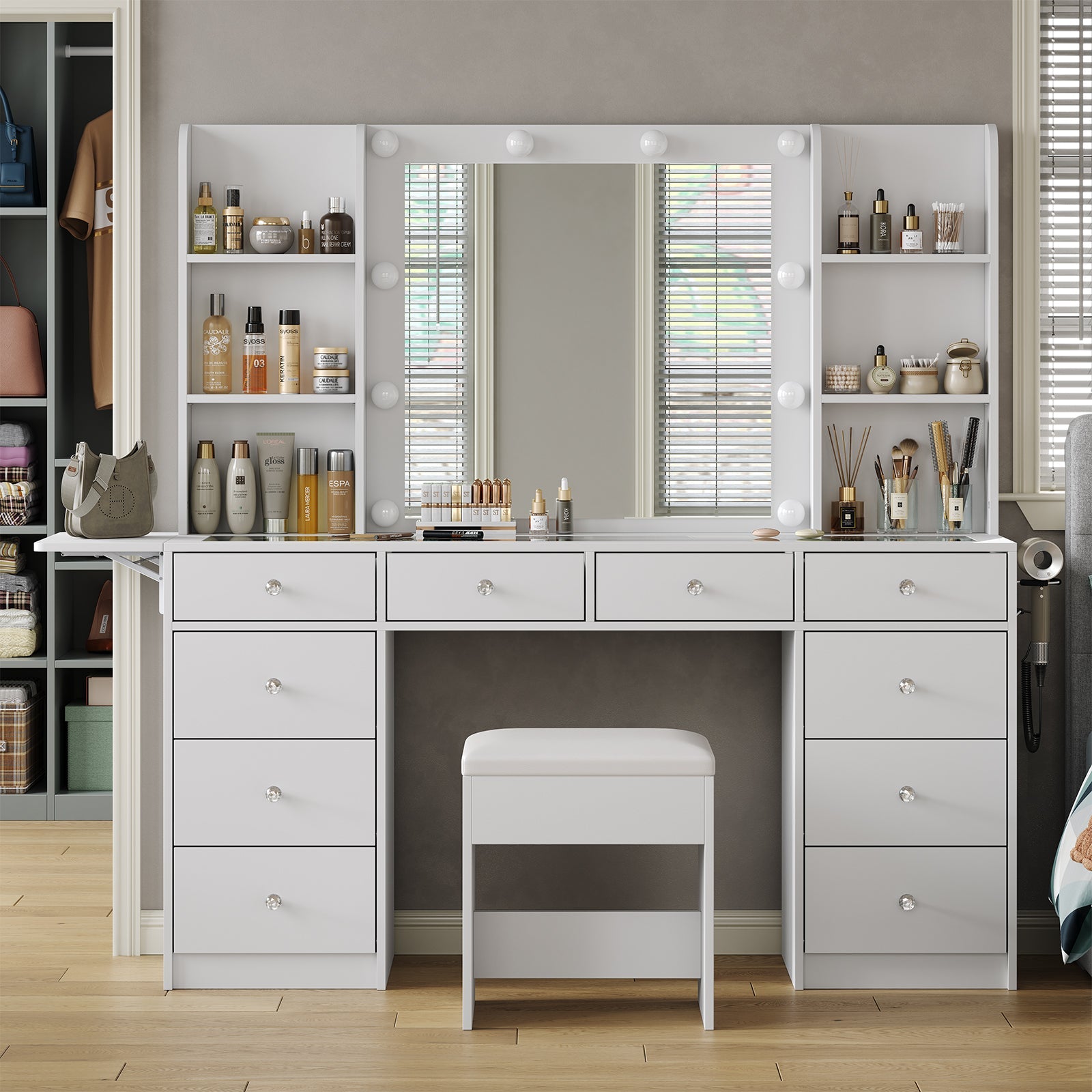 VD011 Bedroom Makeup Vanity desk with LED Mirror, 10 Drawers