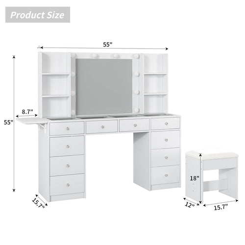 Yanosaku VD011 47'' Modern Makeup Vanity Set Table Stool & LED Mirror 11 Drawers Luxury - Yanosaku SotreFurnitureVD011 - WH