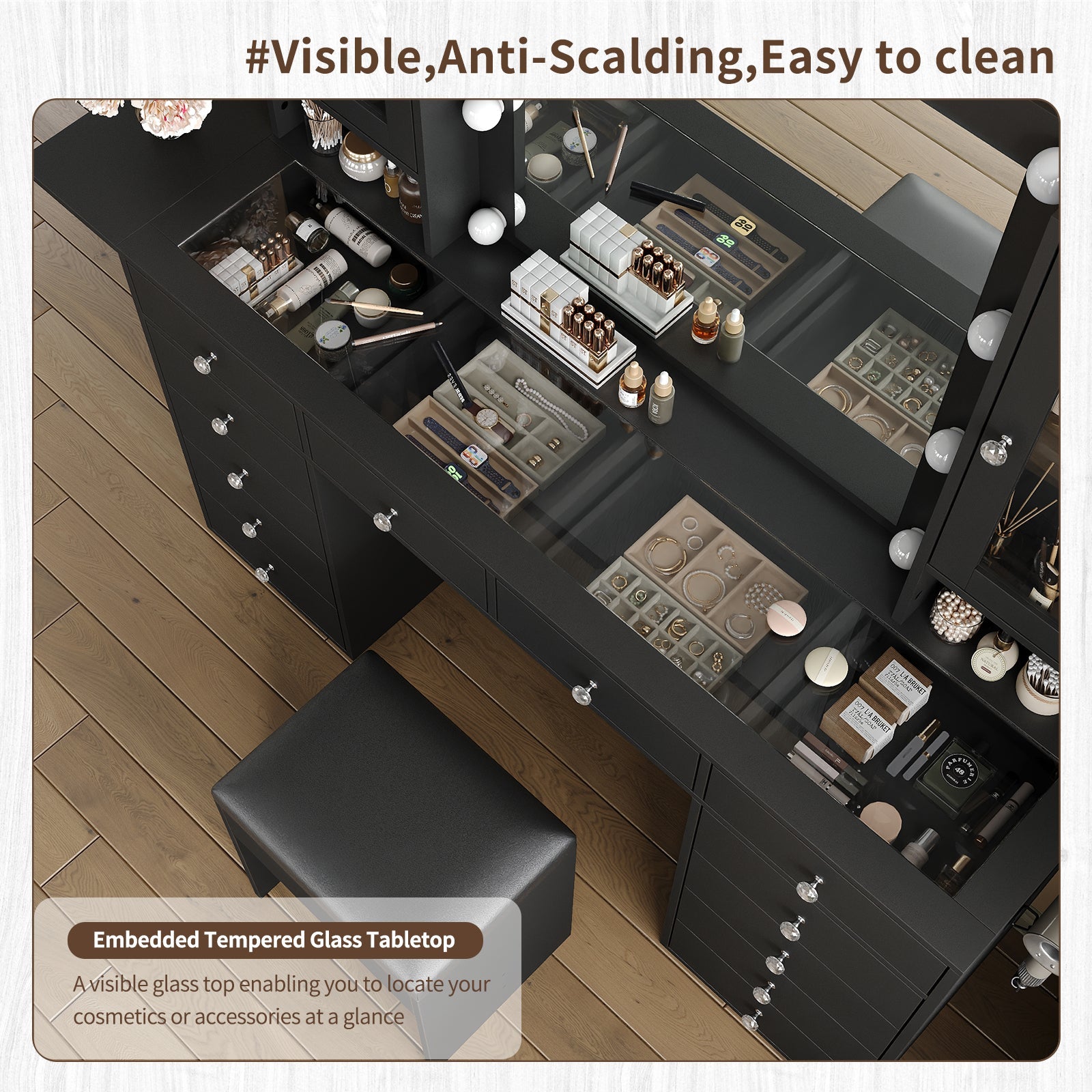 Yanosaku VD012 Bedroom Makeup Vanity desk with LED Mirror, 12 Drawers - Yanosaku SotreFurnitureVD012 - BL