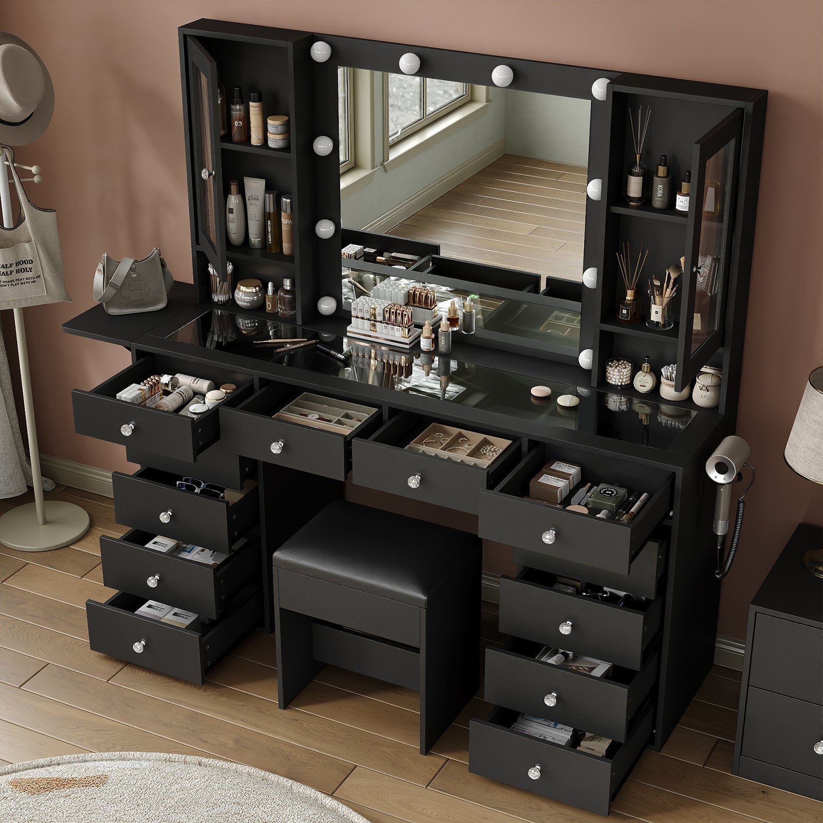 Yanosaku VD012 Bedroom Makeup Vanity desk with LED Mirror, 12 Drawers - Yanosaku SotreFurnitureVD012 - BL