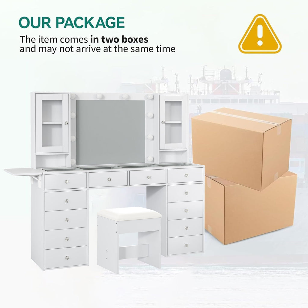 Yanosaku VD012 Modern White Makeup Vanity Set Table with Stool & LED Mirror 12 Drawers Luxury - Yanosaku SotreFurnitureVD012